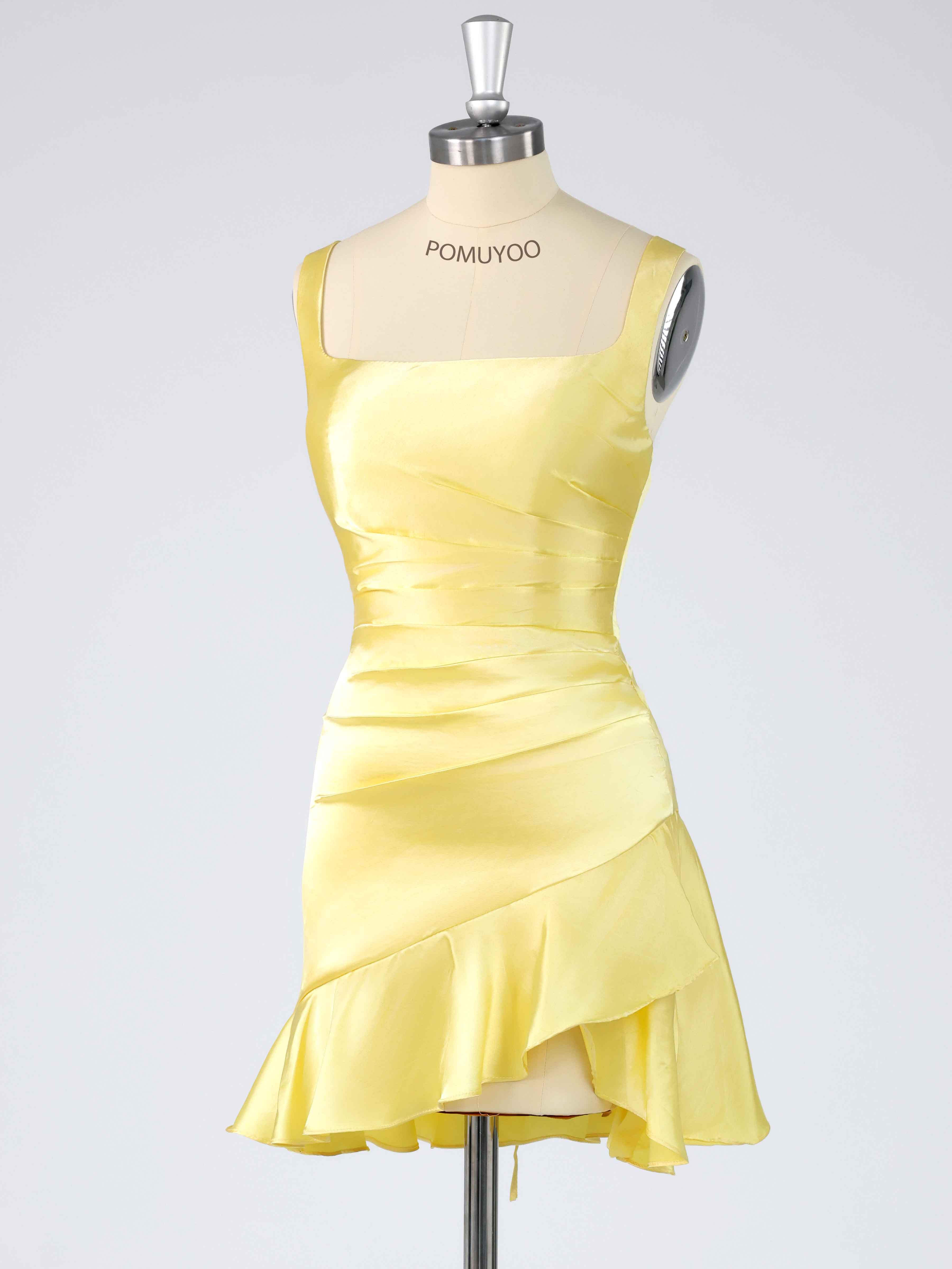 Stylish Square Pleated Satin Mini Homecoming Dresses