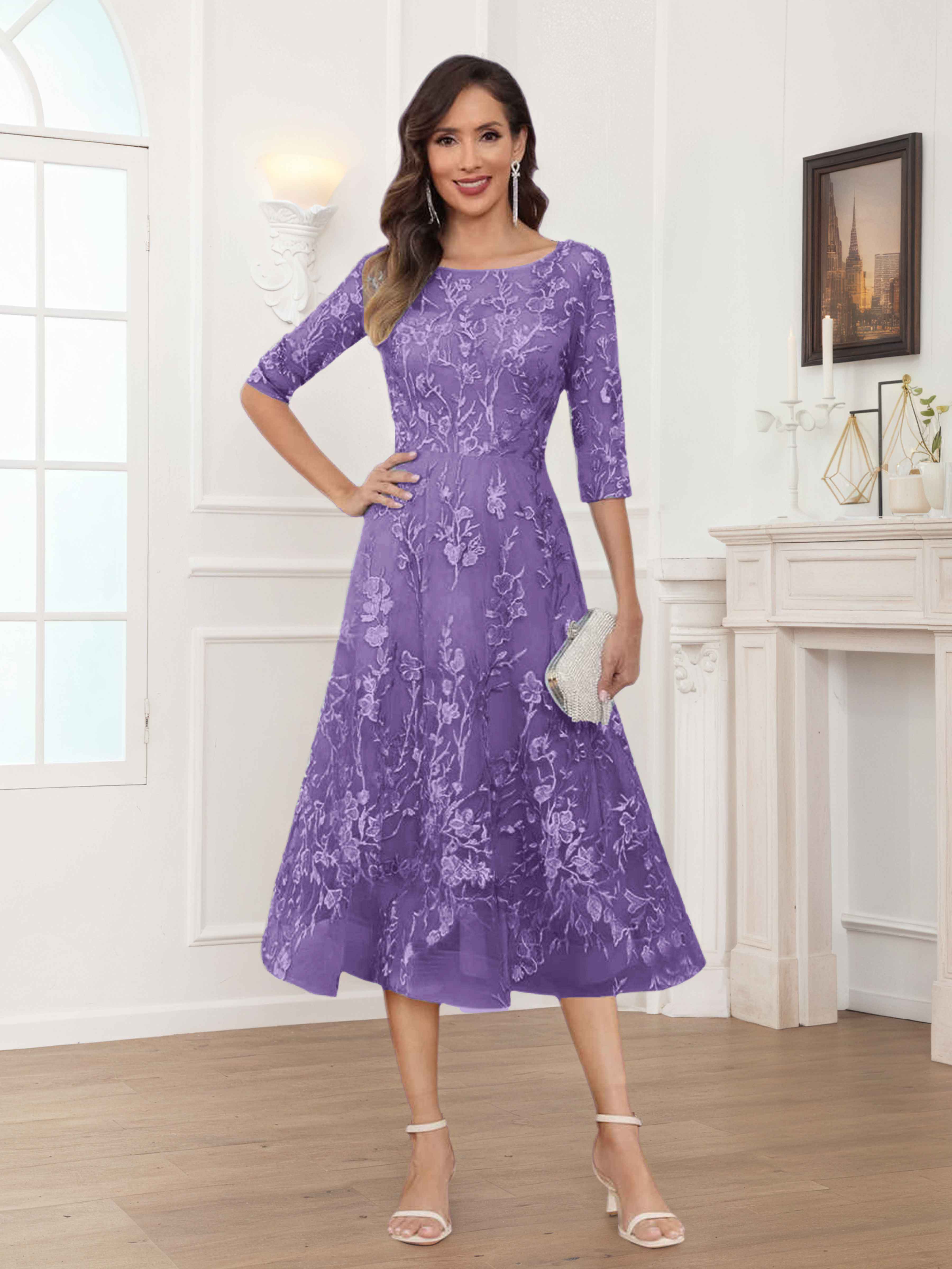 Pax Exquisite A-Line Illusion Lace Tea Length Mother of The Bride Dres