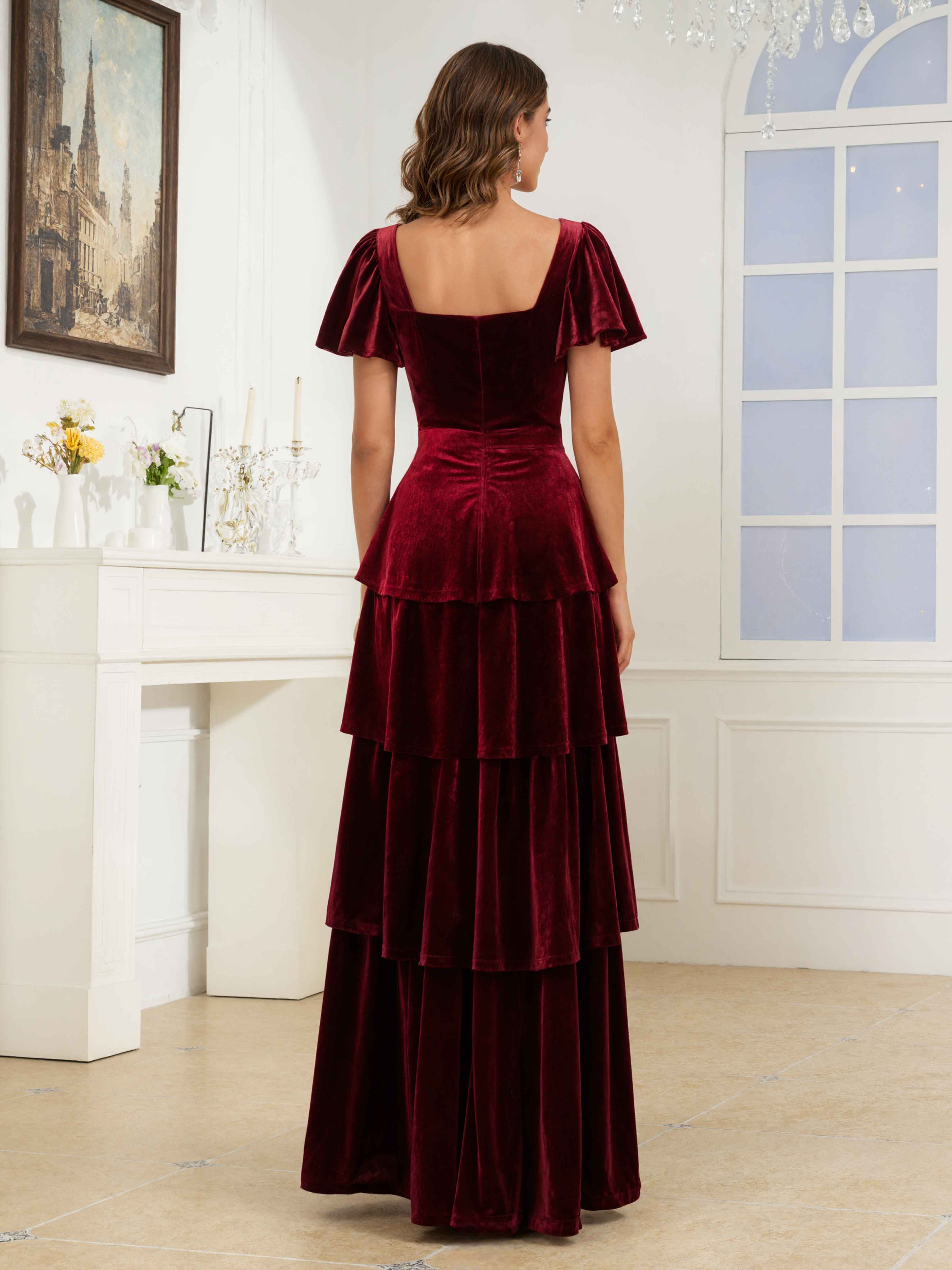 Taisia Sweet A-Line Square Short Sleeves Floor Length Velvet Bridesmaid Dresses