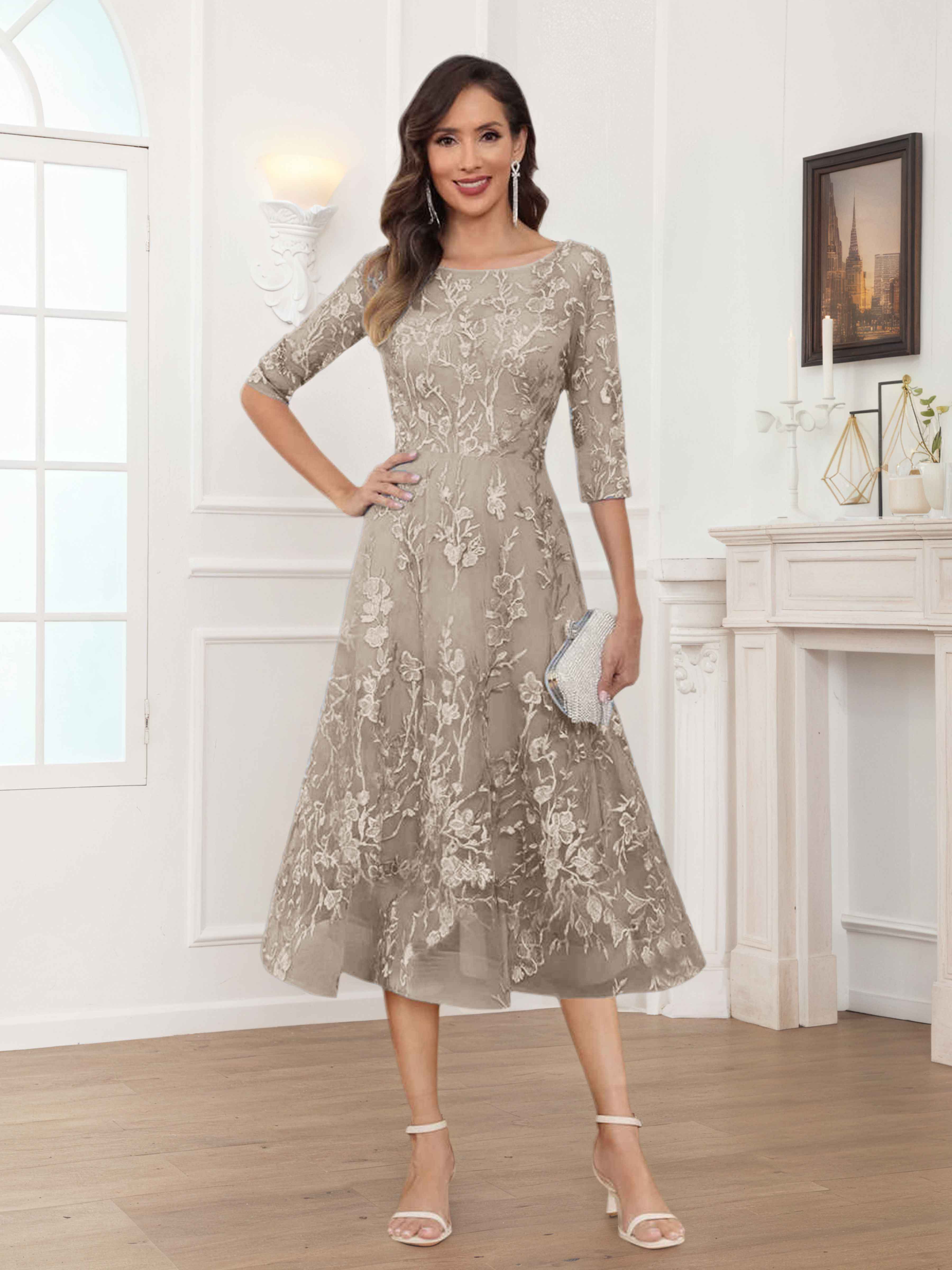 Pax Exquisite A-Line Illusion Lace Tea Length Mother of The Bride Dres