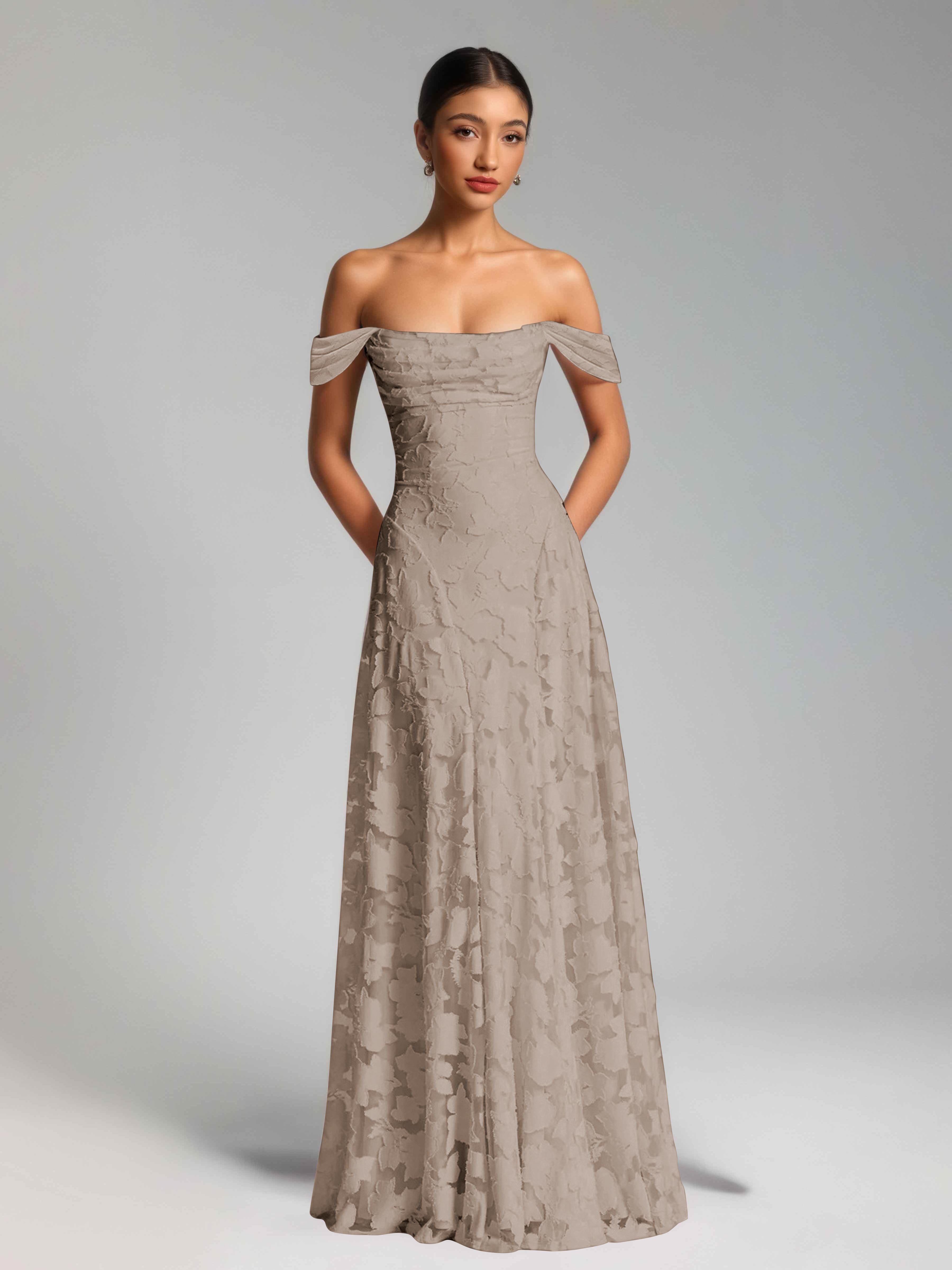 Oraelithra Charming A-Line Off the Shoulder Long Jacquard Bridesmaid Dresses