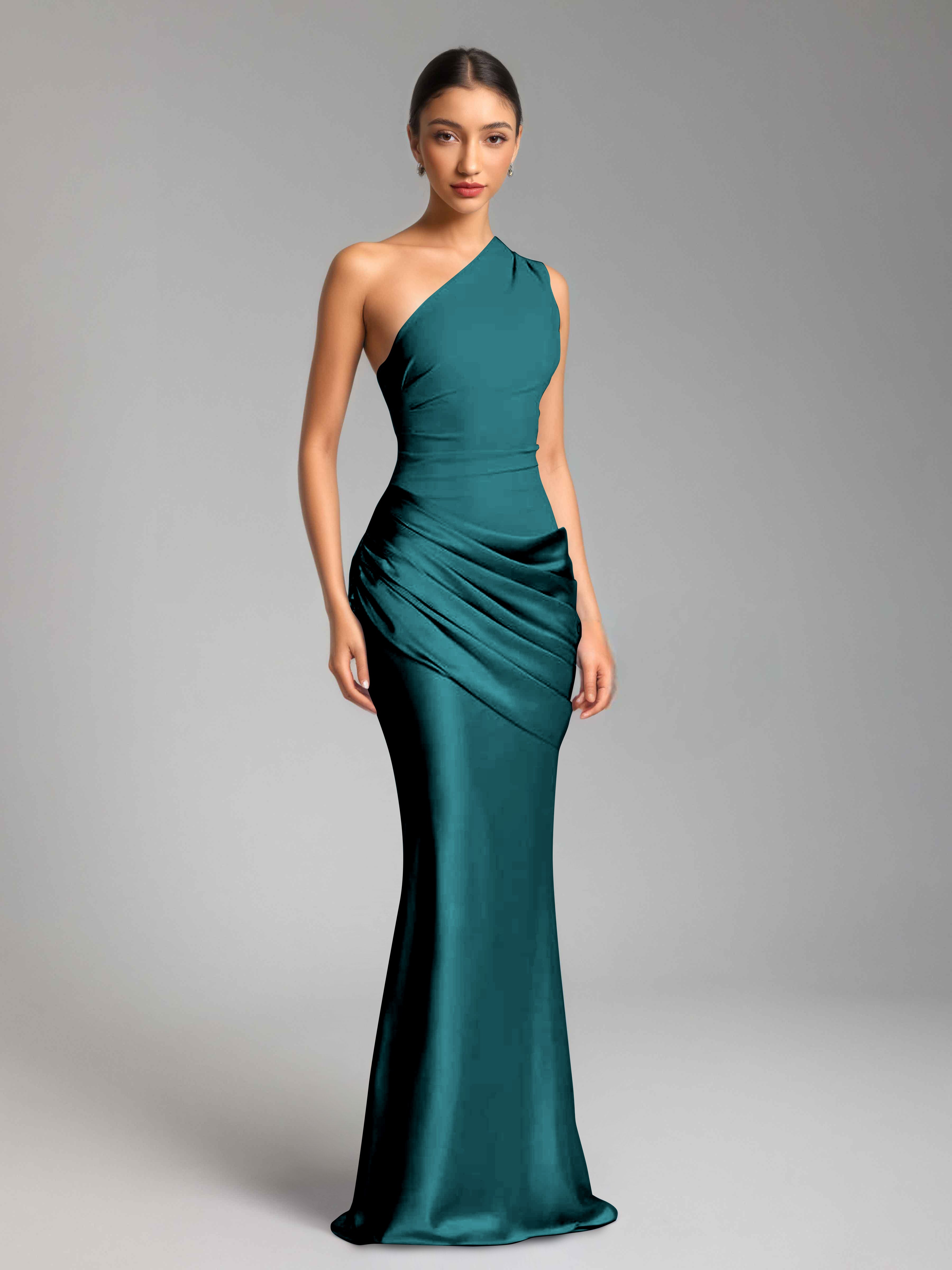 Jaelithra Gorgeous One Shoulder Pleated Satin Long Prom Dresses