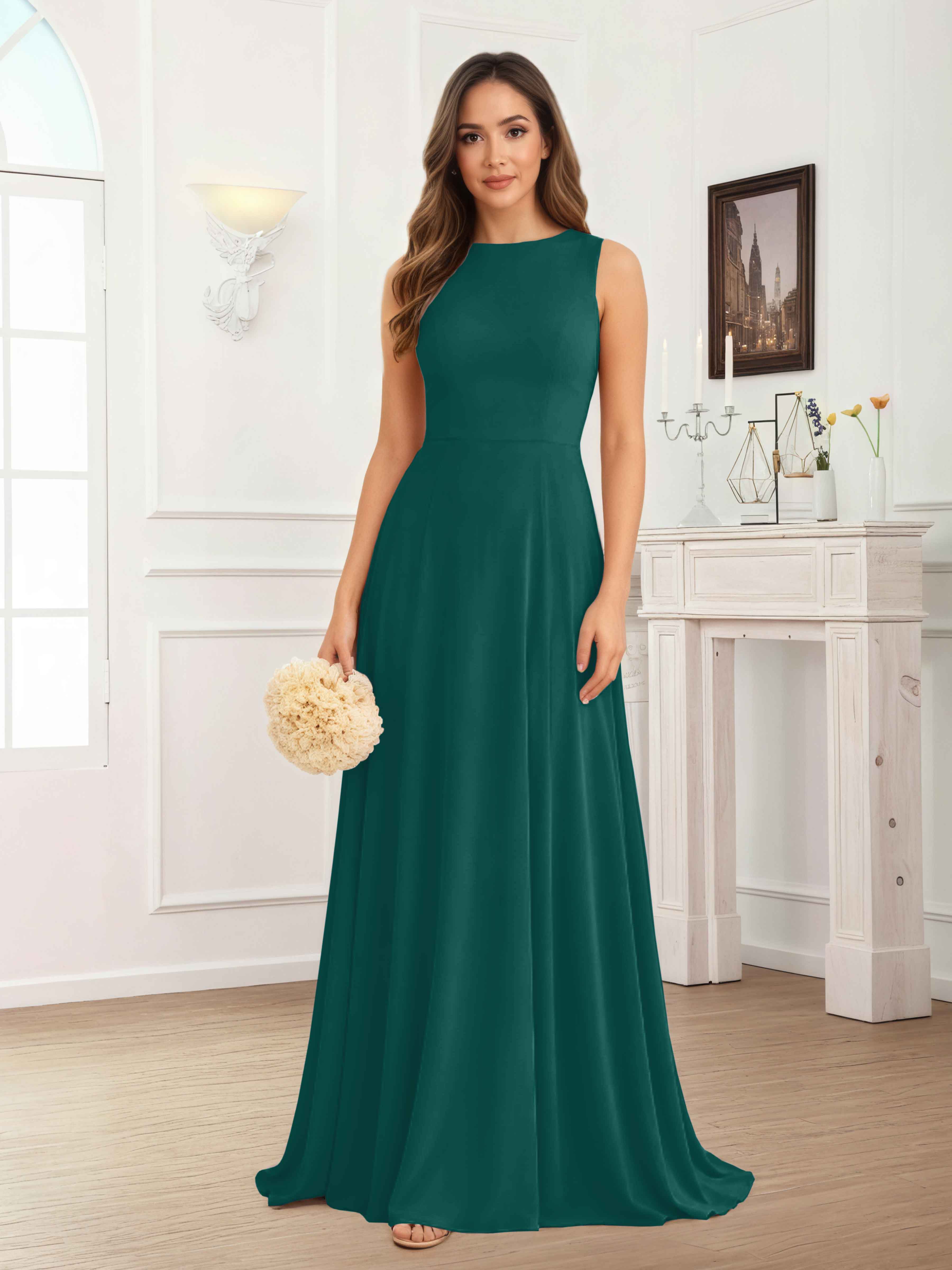 Fraelithra Modest Scoop A-Line Sleeveless Long Bridesmaid Dresses