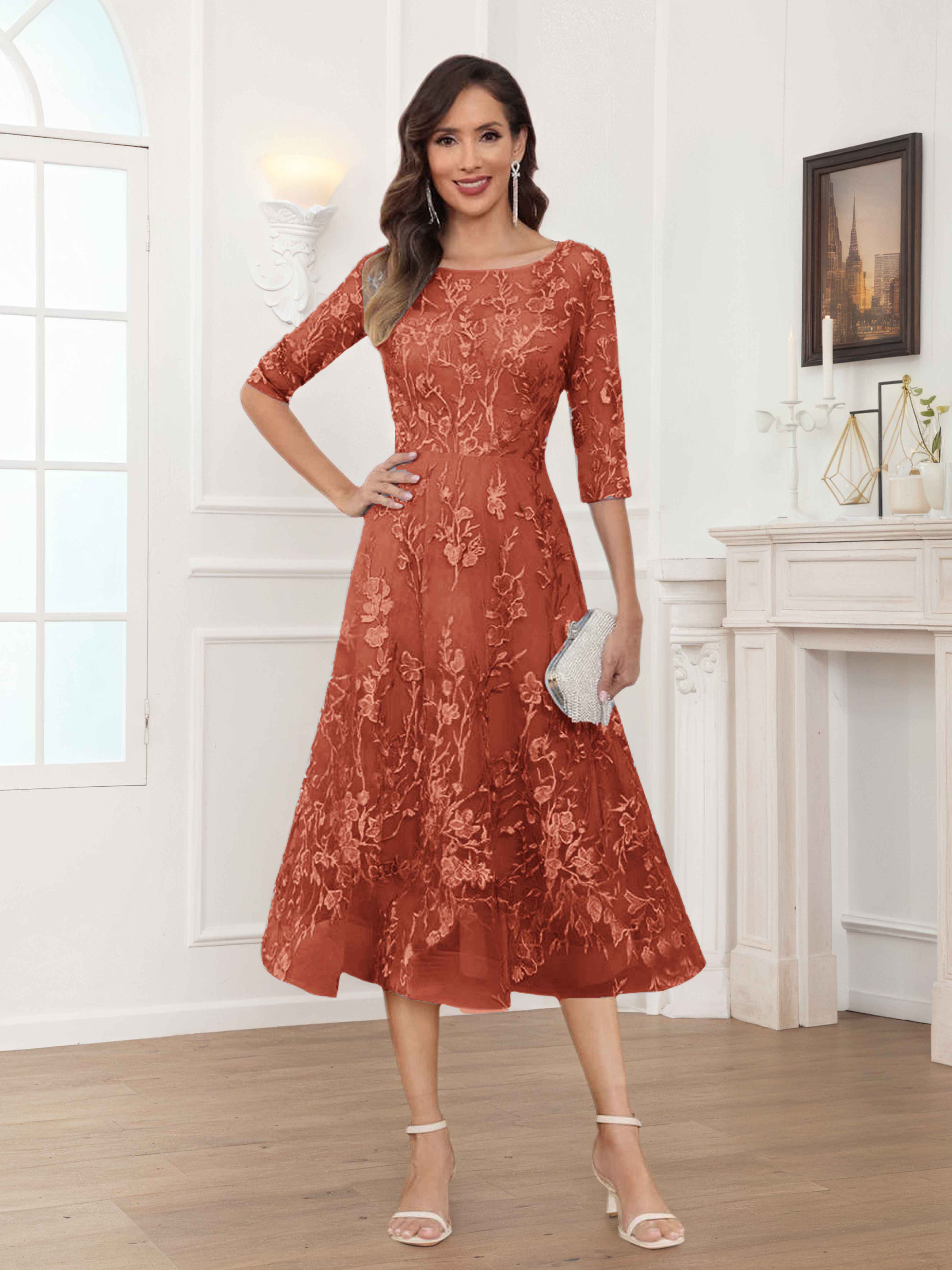 Pax Exquisite A-Line Illusion Lace Tea Length Mother of The Bride Dresses