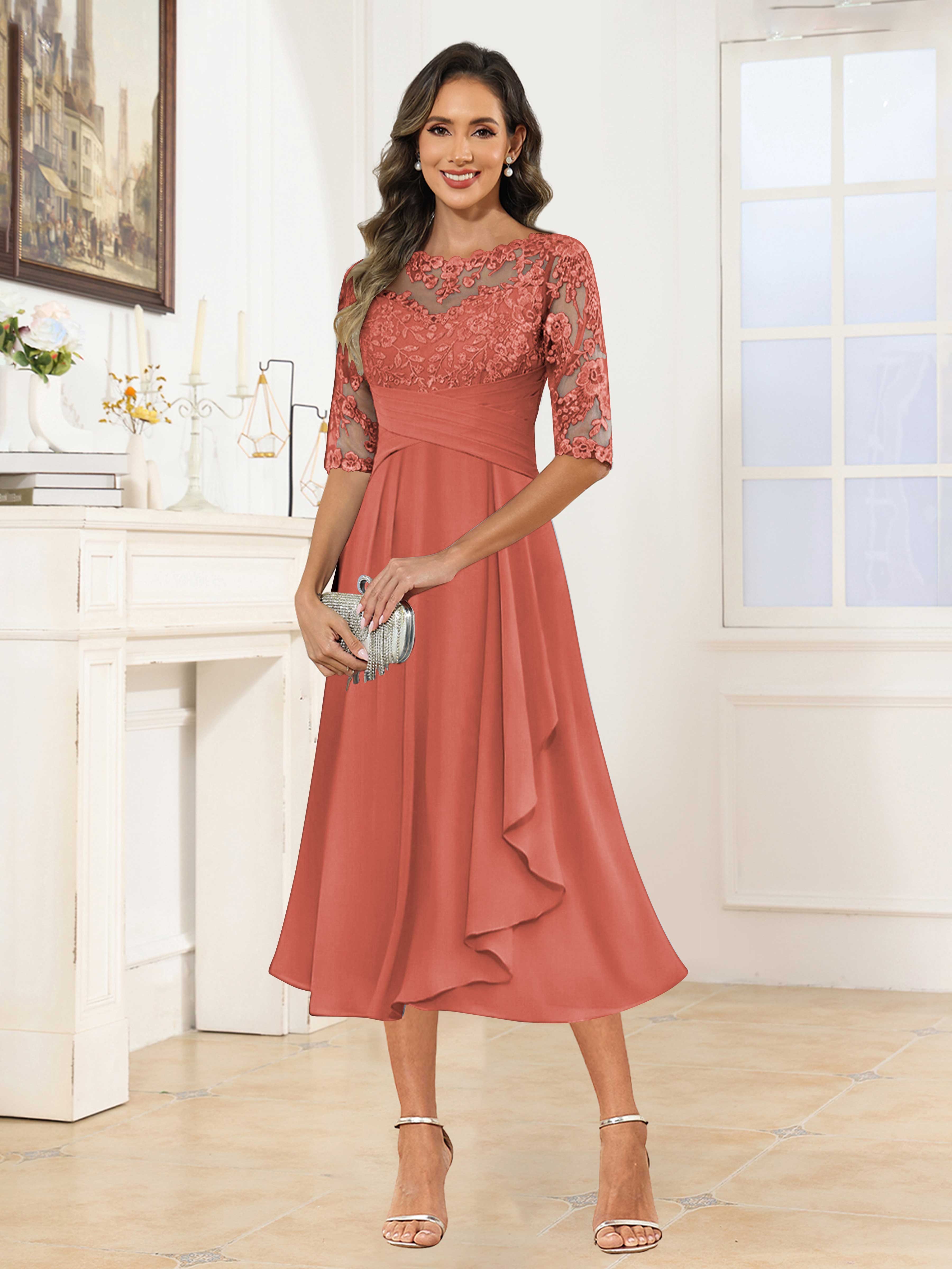 Traelithra Charming Illusion Ruffles Lace Tea Length Chiffon Mother of the Bride Dresses