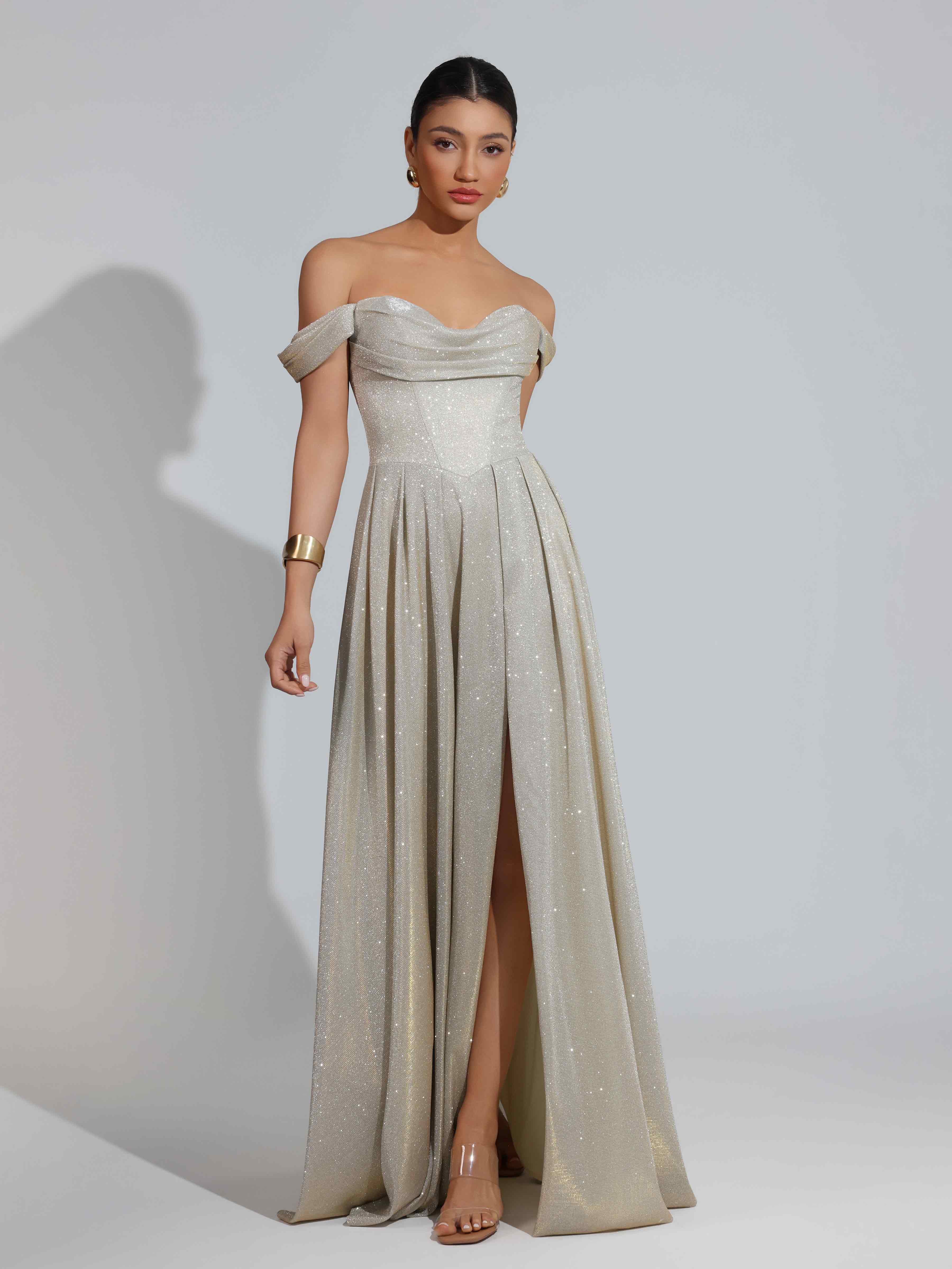Traelith Enchanting A-Line Off the Shoulder Pleated Slit Long Glitter Prom Dresses