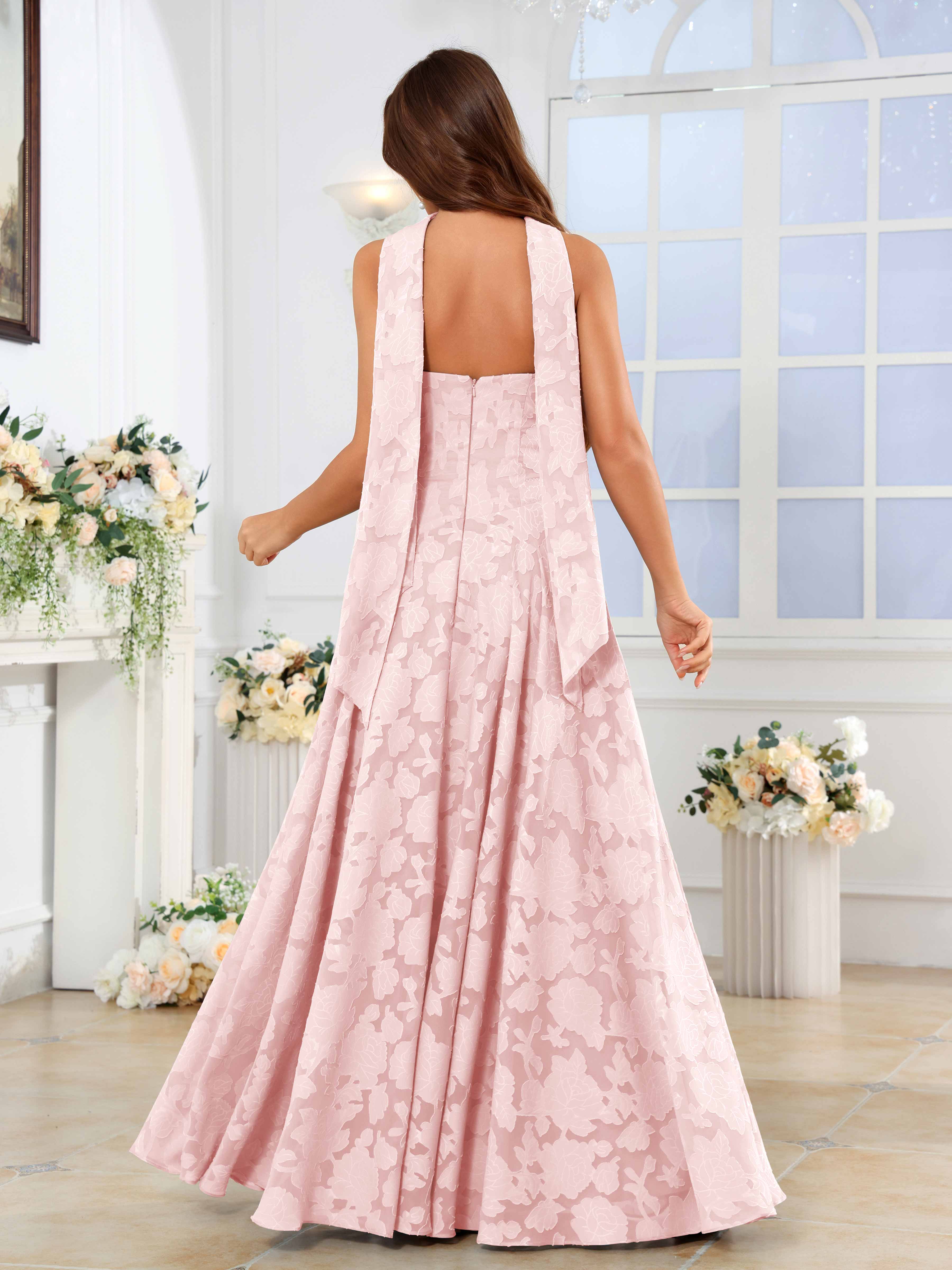 Traelyn Charming Strapless Ruched Long Jacquard Bridesmaid Dresses With Scarf, Blushing Pink