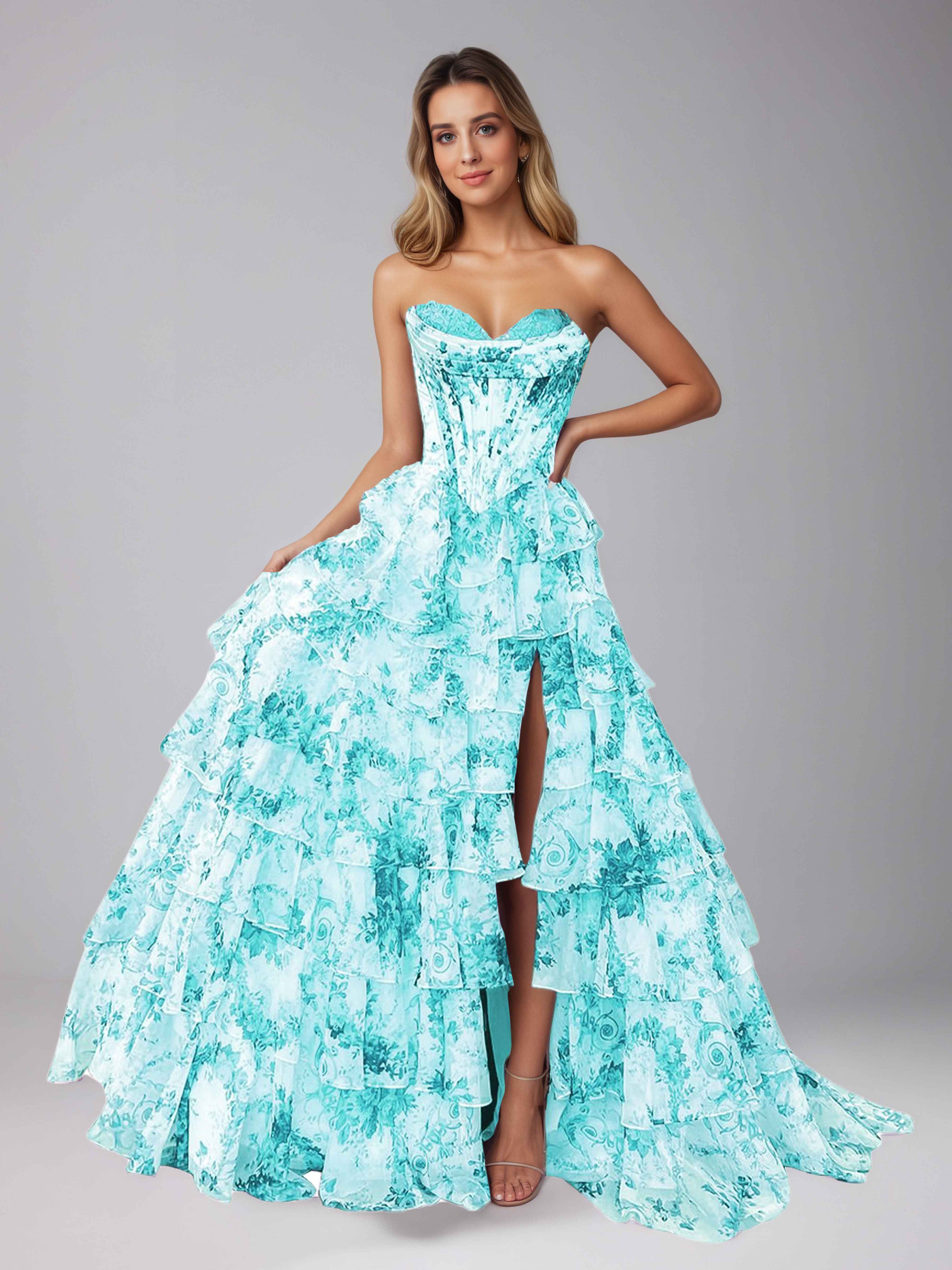 Graelara Glamorous Sweetheart Cascading Ruffles Corset Floral Tiered Prom Dresses