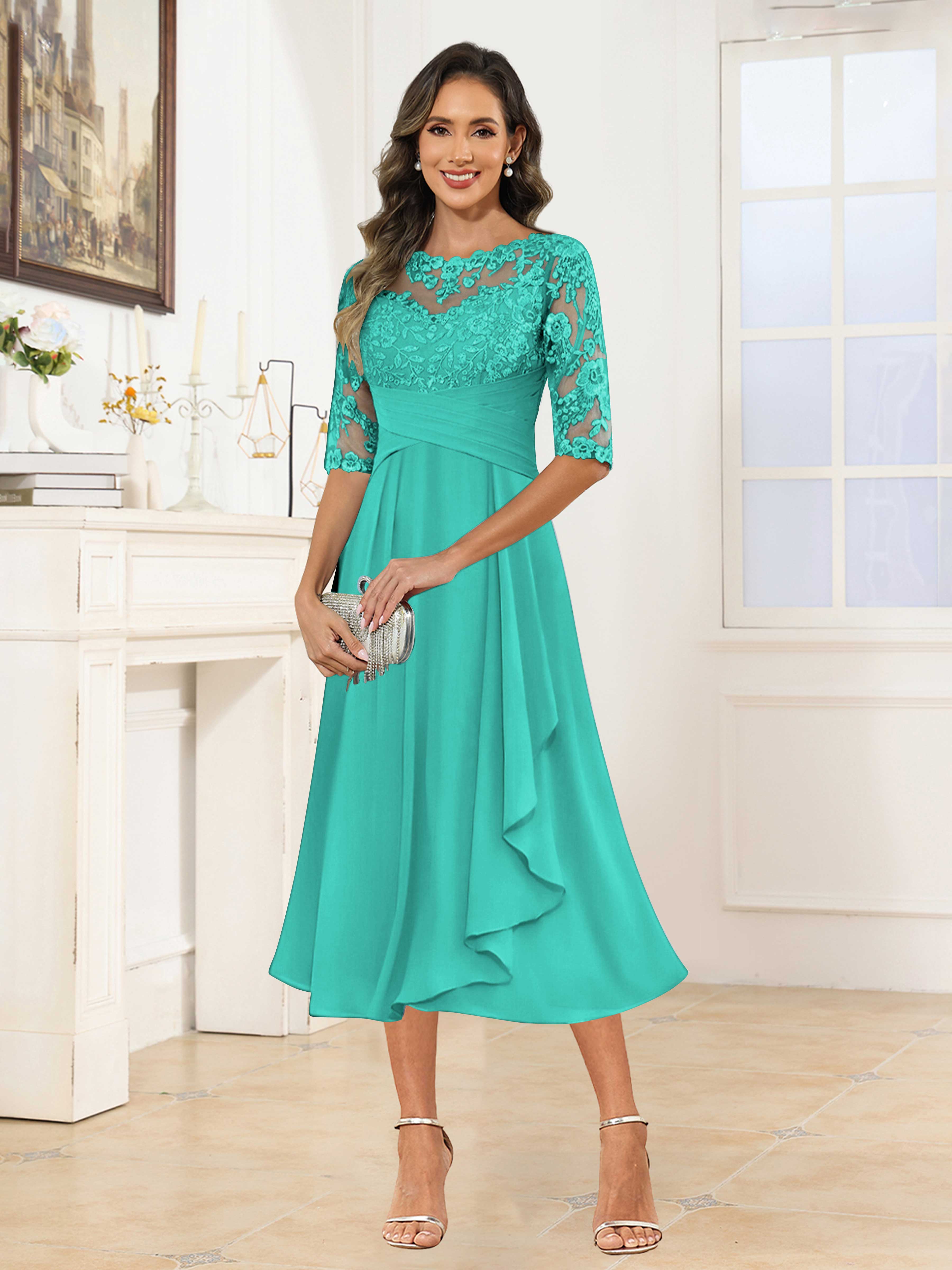 Traelithra Charming Illusion Ruffles Lace Tea Length Chiffon Mother of the Bride Dresses