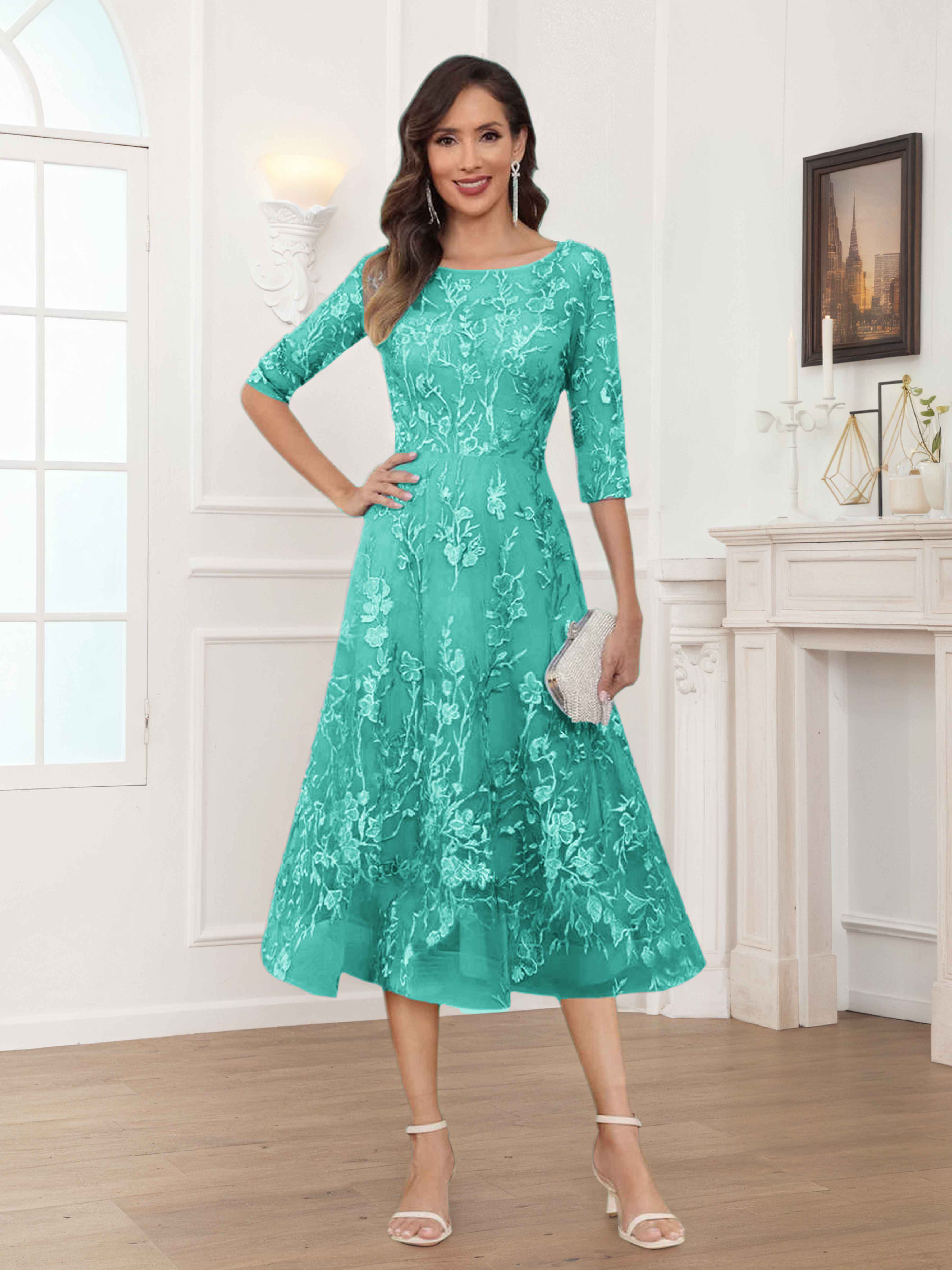 Pax Exquisite A-Line Illusion Lace Tea Length Mother of The Bride Dres