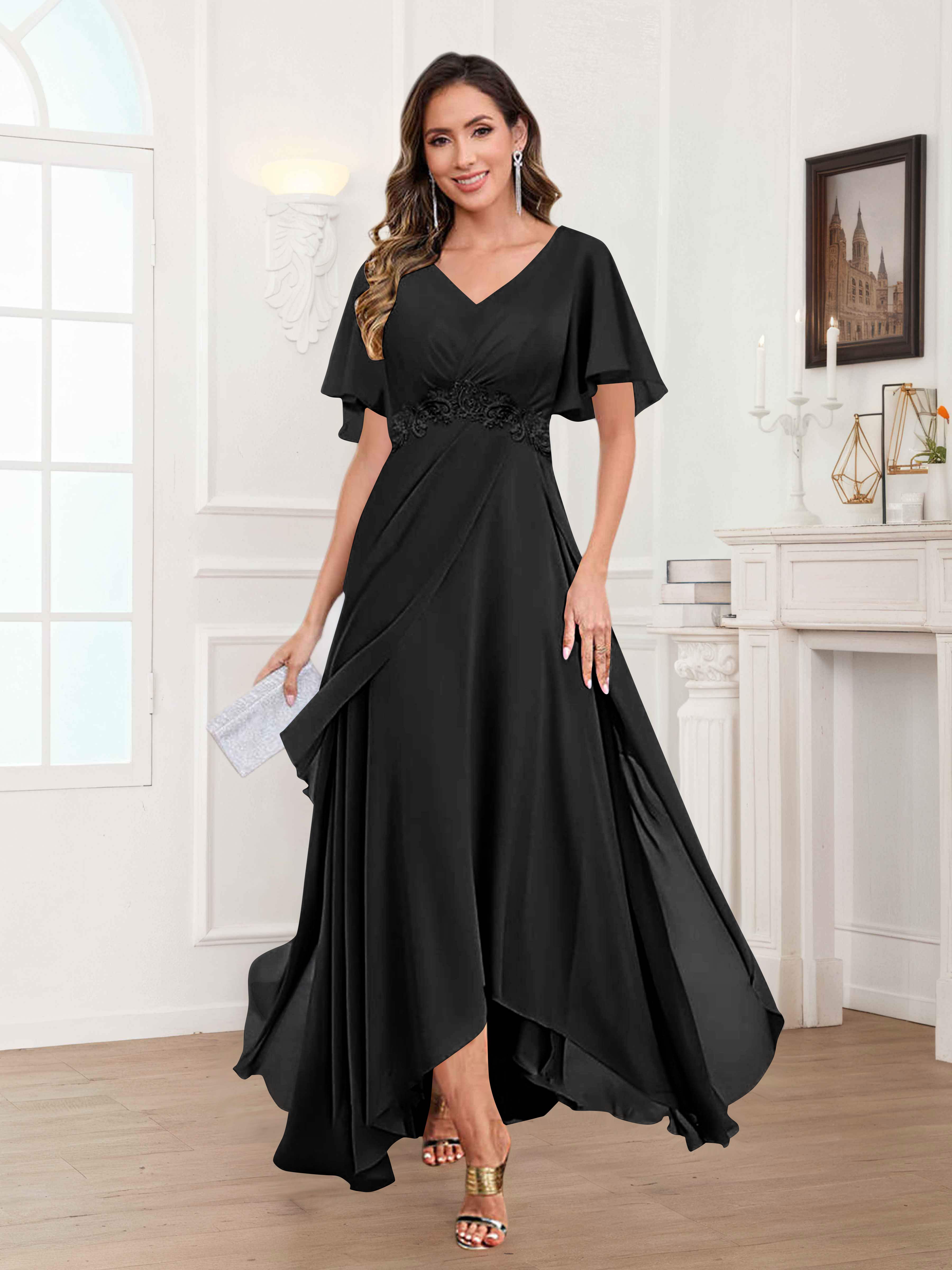Ulyana Modest V Neck Ruched High Low Chiffon Mother Of The Bride Dresses