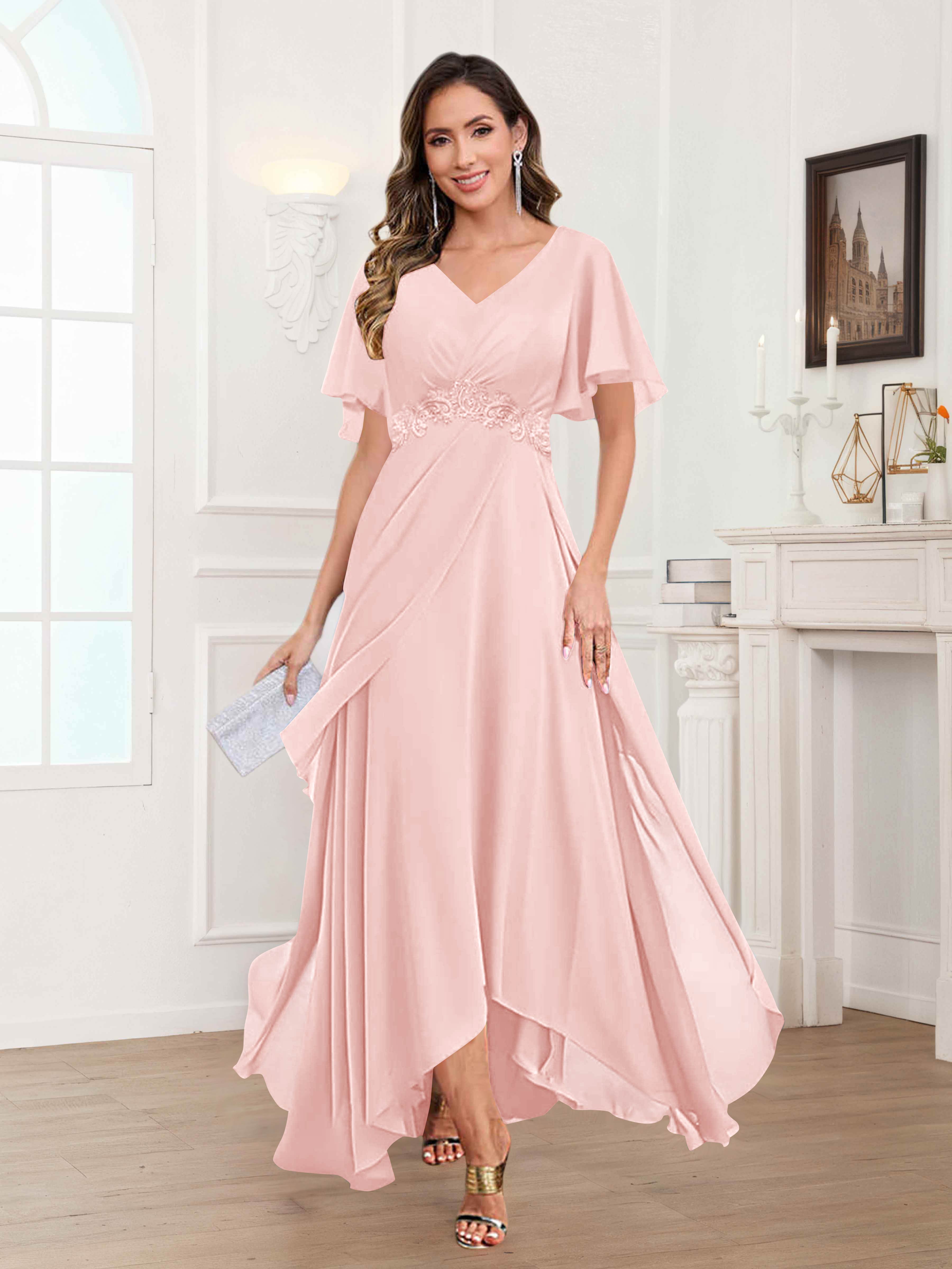 Ulyana Modest V Neck Ruched High Low Chiffon Mother Of The Bride Dresses