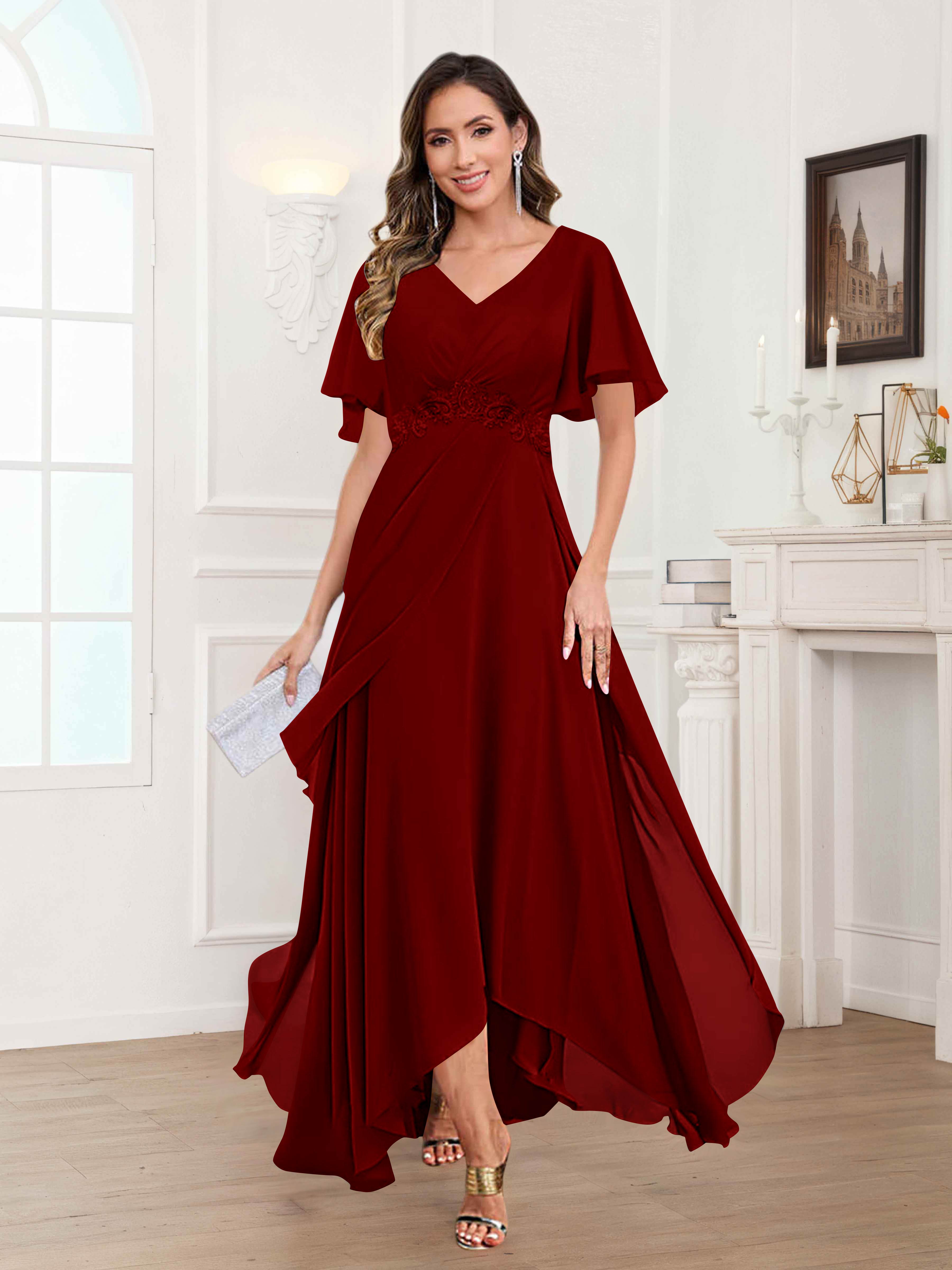 Ulyana Modest V Neck Ruched High Low Chiffon Mother Of The Bride Dresses