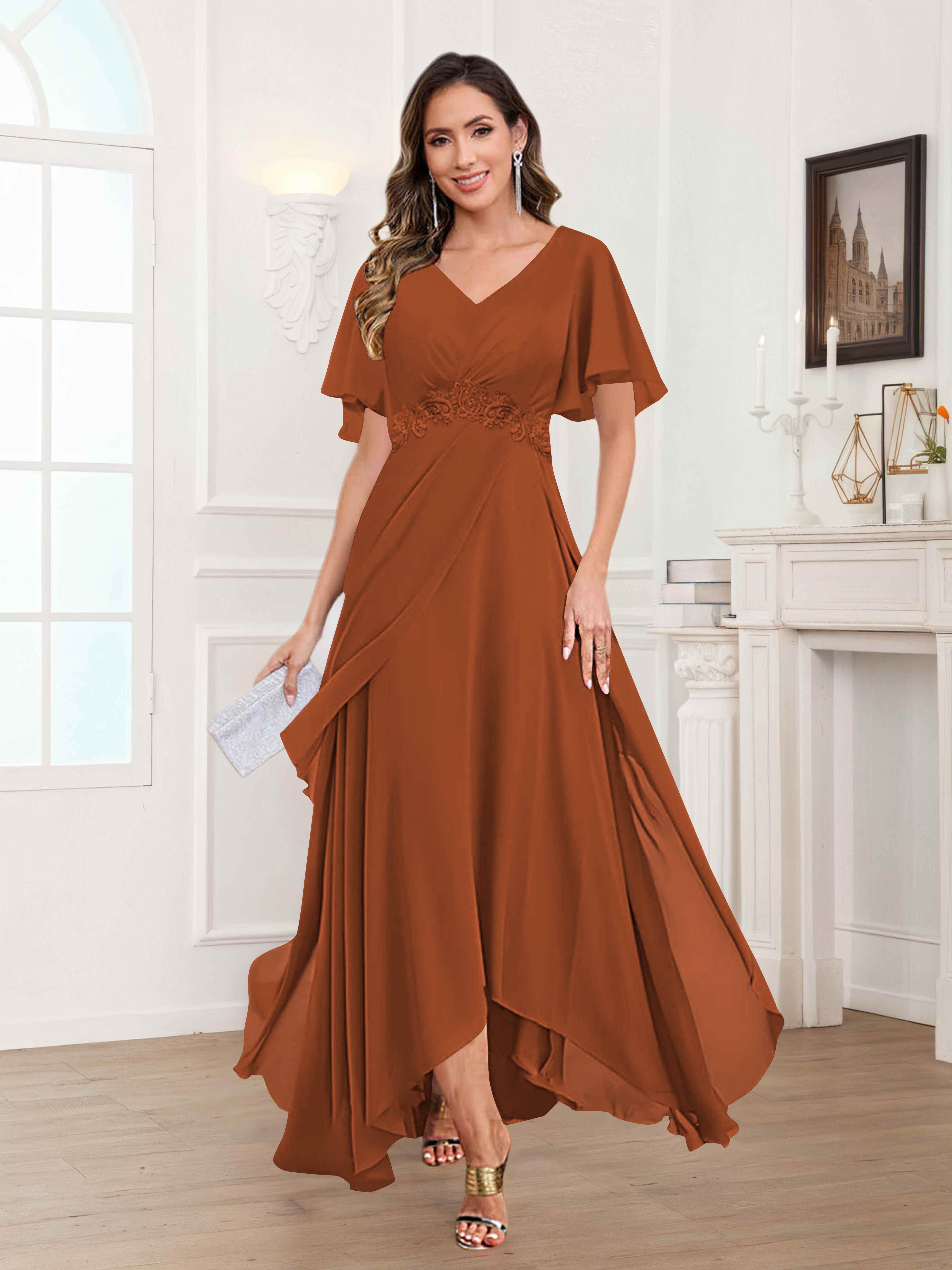 Ulyana Modest V Neck Ruched High Low Chiffon Mother Of The Bride Dresses