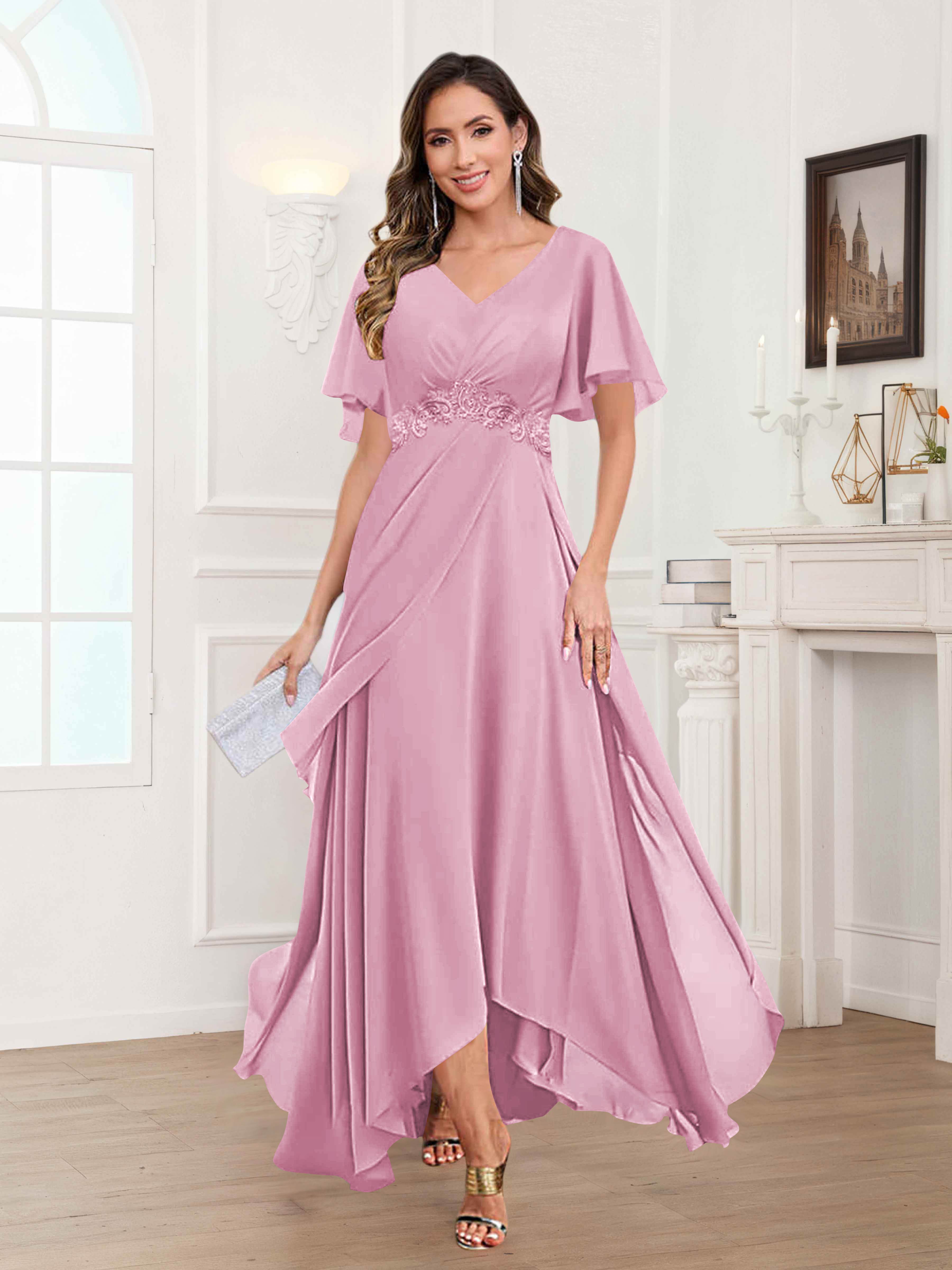 Ulyana Modest V Neck Ruched High Low Chiffon Mother Of The Bride Dresses