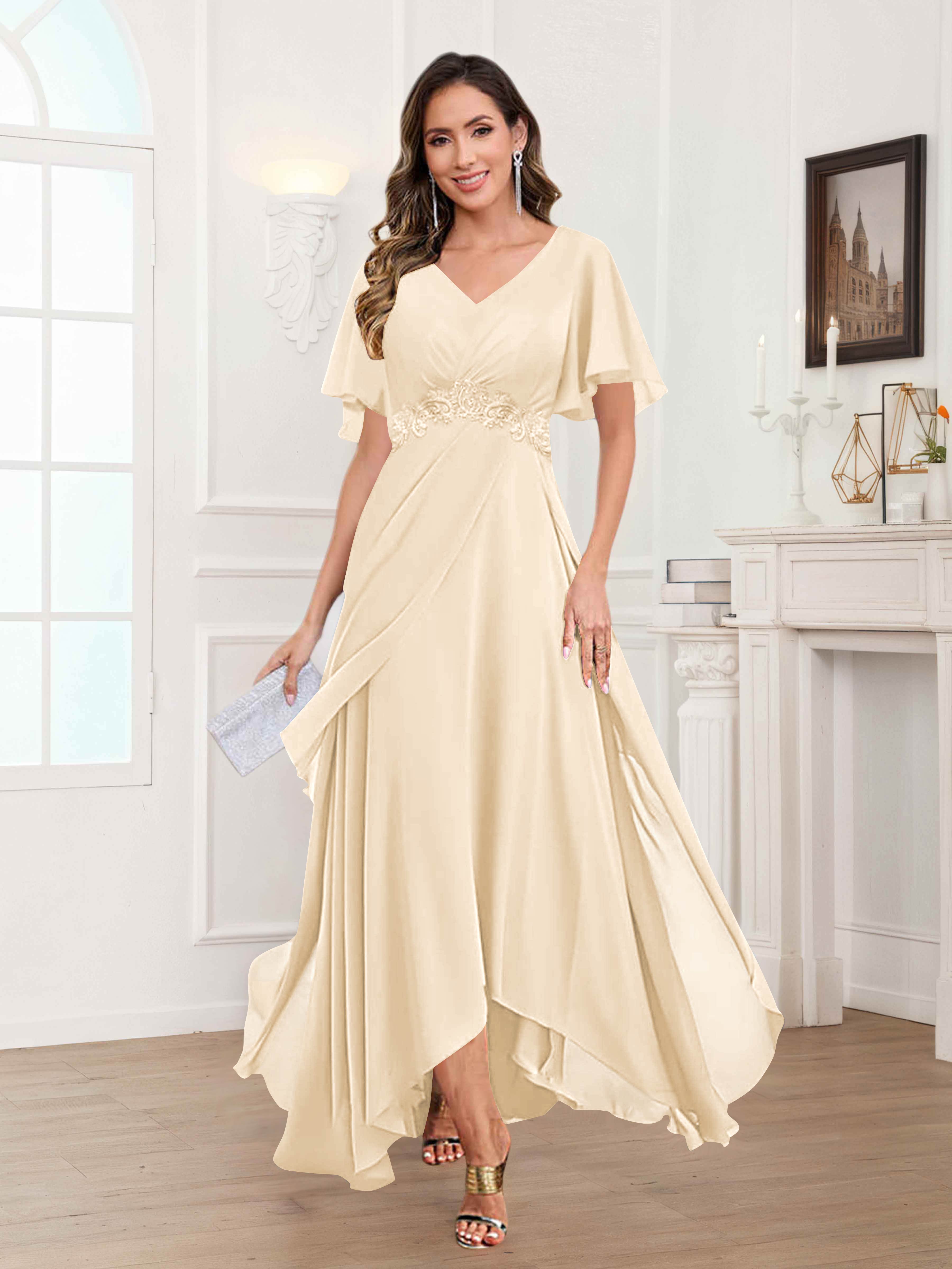 Ulyana Modest V Neck Ruched High Low Chiffon Mother Of The Bride Dresses