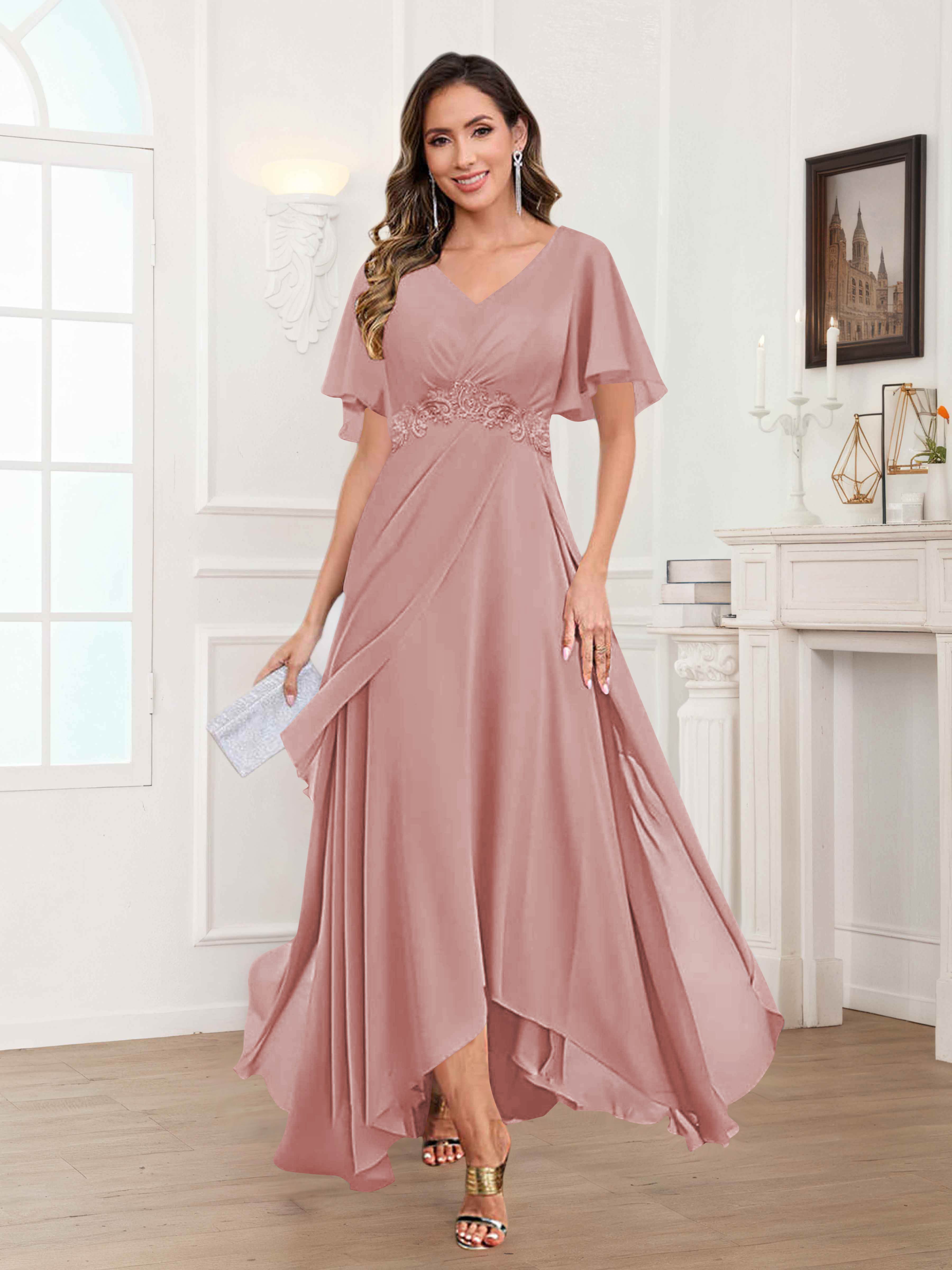 Ulyana Modest V Neck Ruched High Low Chiffon Mother Of The Bride Dresses