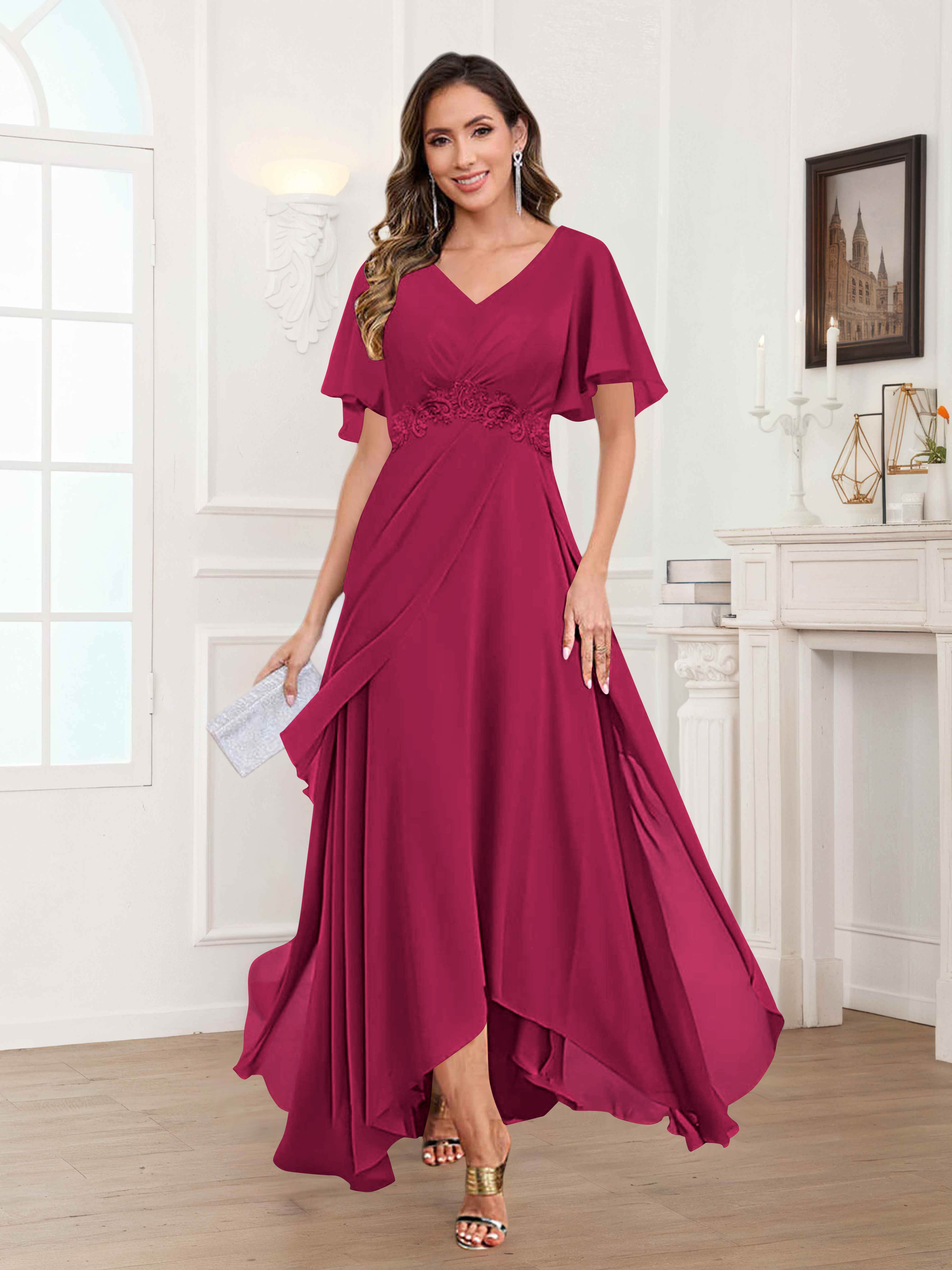 Ulyana Modest V Neck Ruched High Low Chiffon Mother Of The Bride Dresses