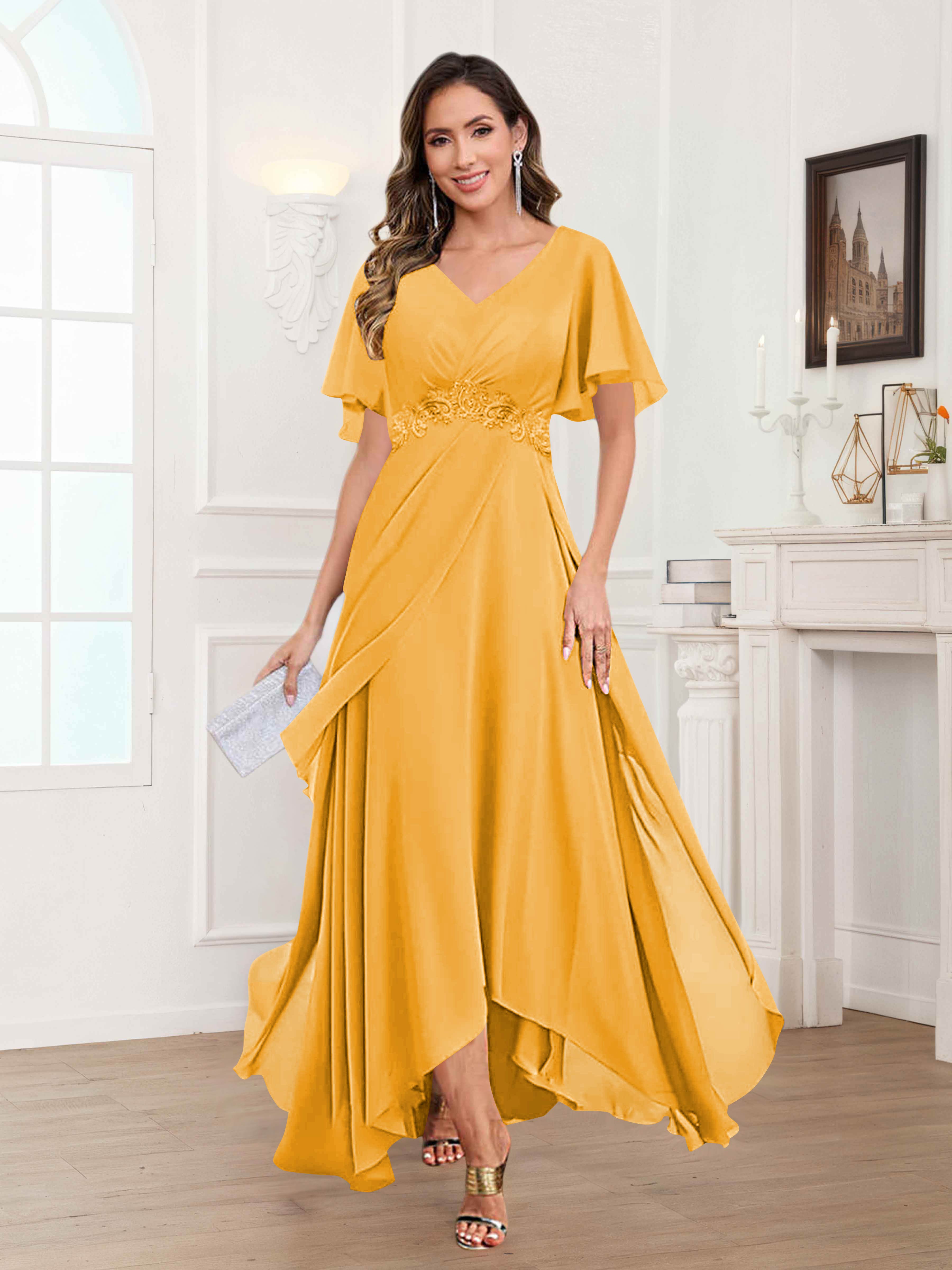 Ulyana Modest V Neck Ruched High Low Chiffon Mother Of The Bride Dresses