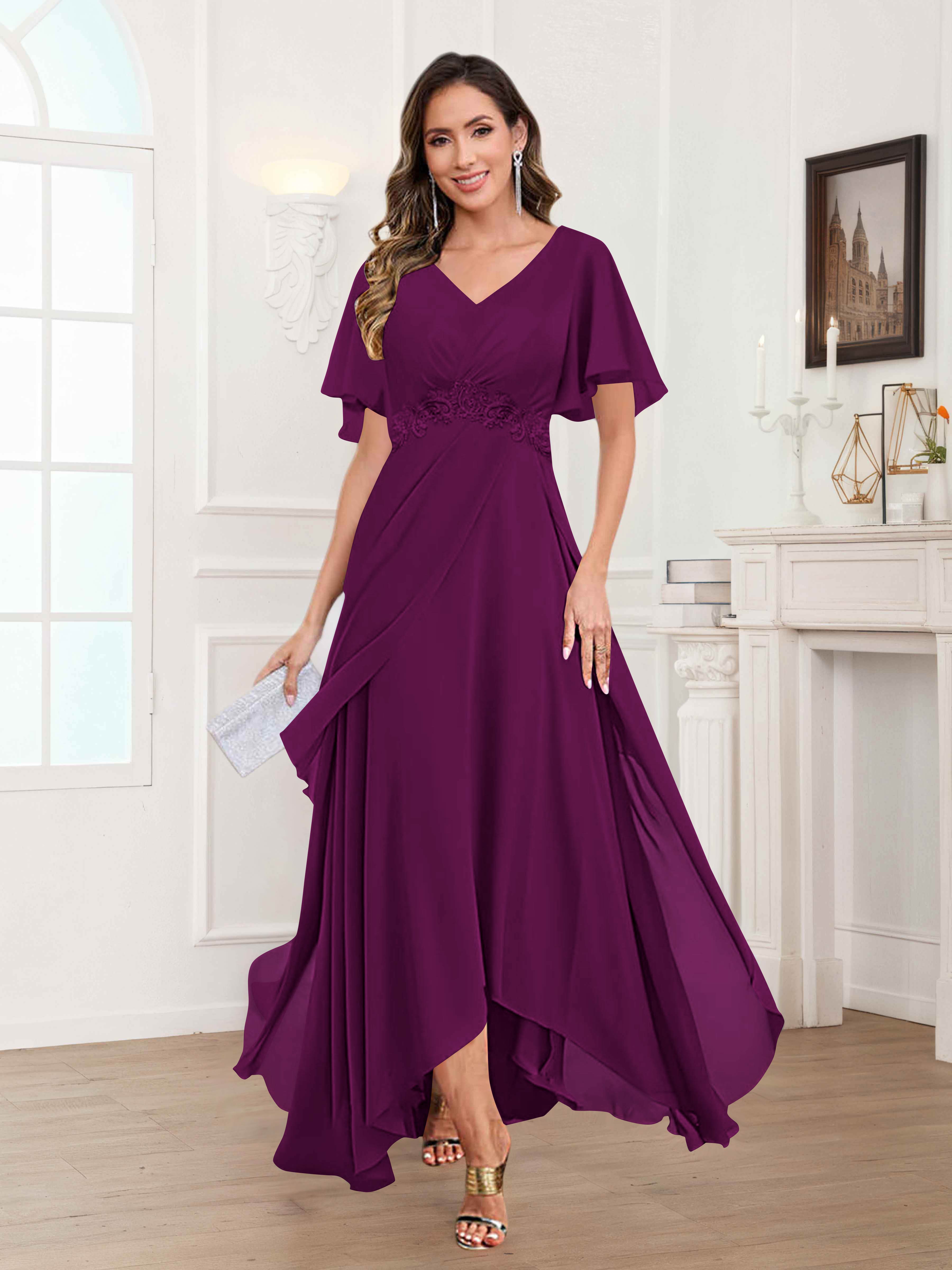Ulyana Modest V Neck Ruched High Low Chiffon Mother Of The Bride Dresses