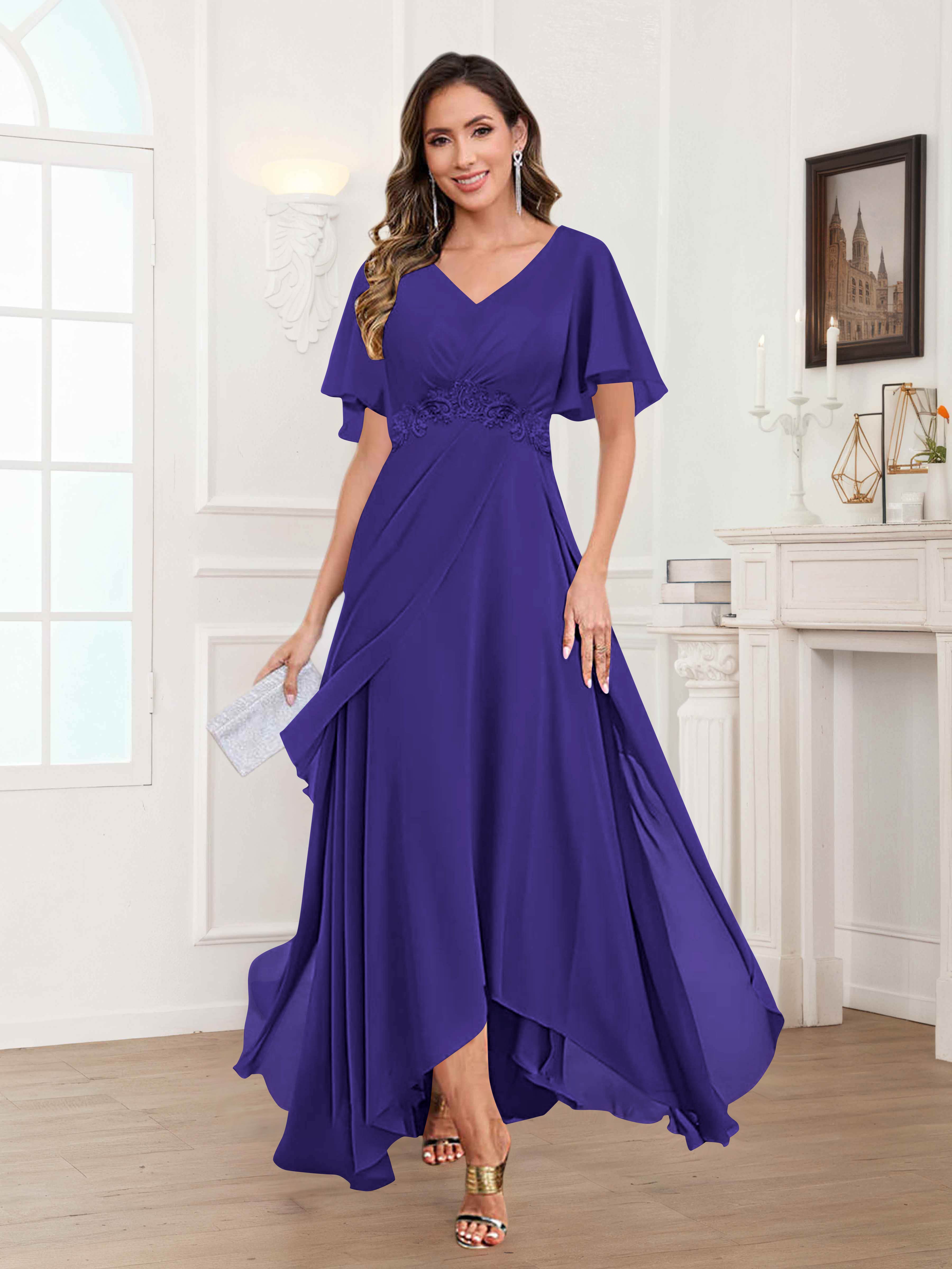 Ulyana Modest V Neck Ruched High Low Chiffon Mother Of The Bride Dresses