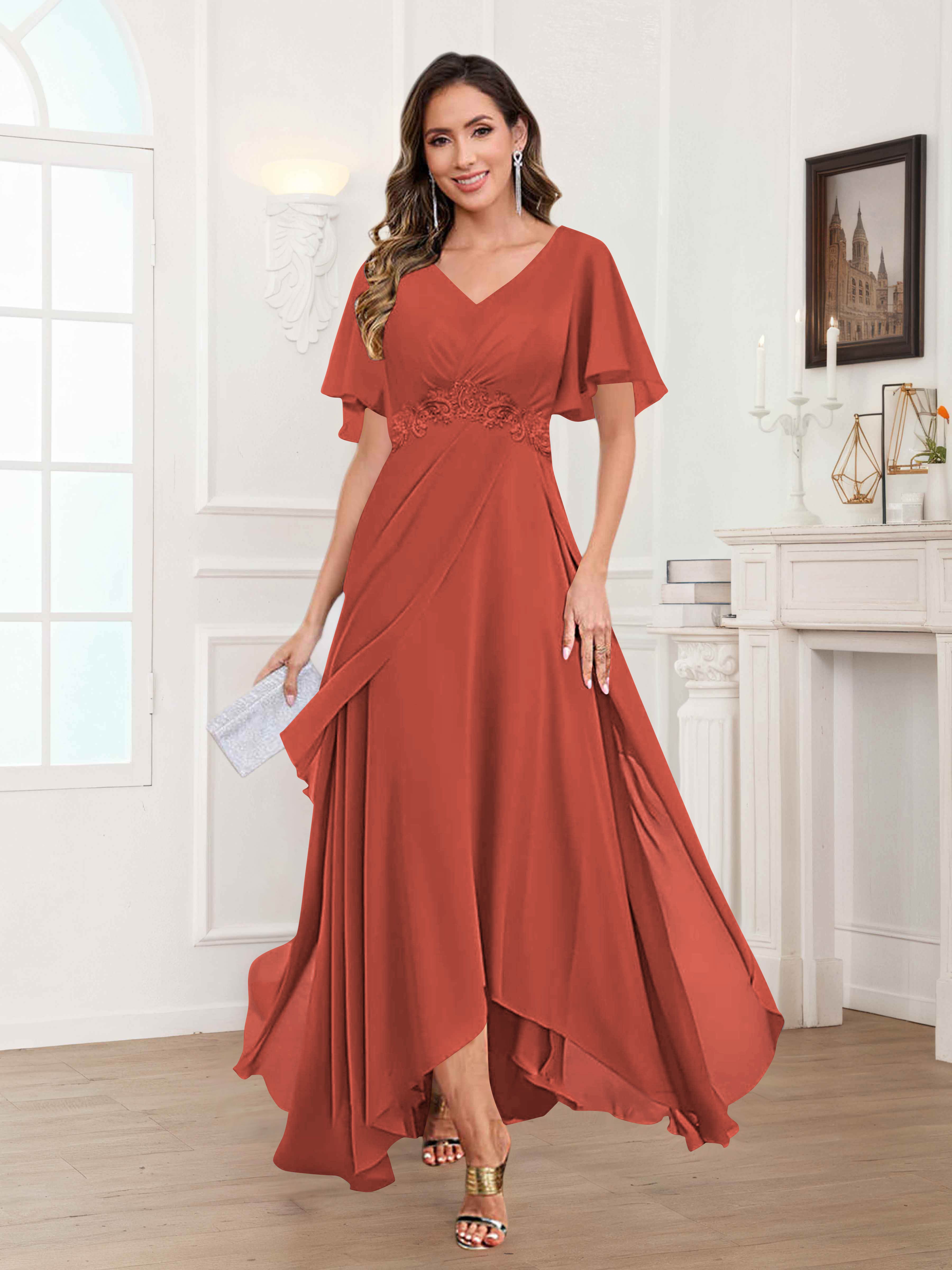 Ulyana Modest V Neck Ruched High Low Chiffon Mother Of The Bride Dresses