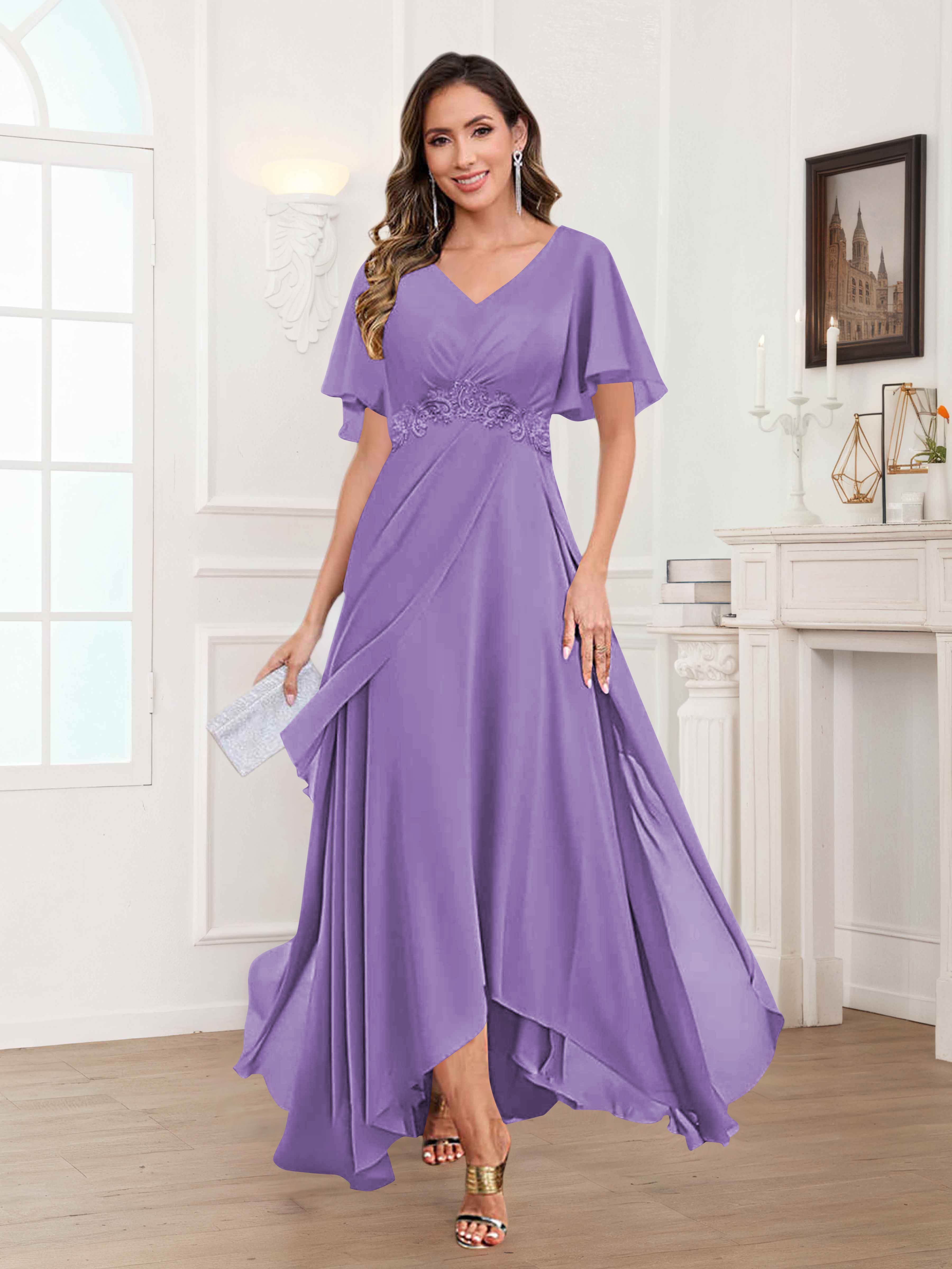 Ulyana Modest V Neck Ruched High Low Chiffon Mother Of The Bride Dresses