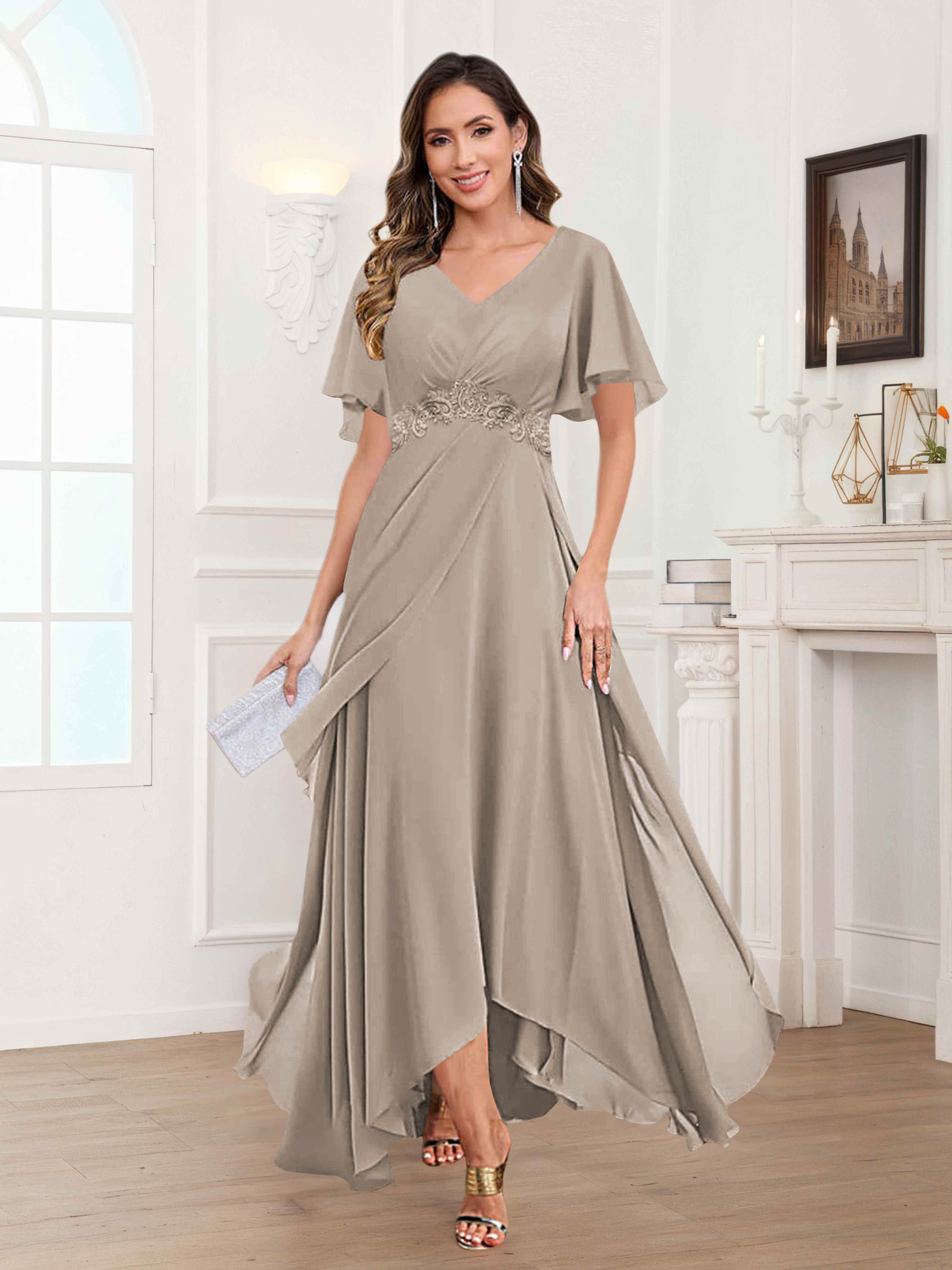 Ulyana Modest V Neck Ruched High Low Chiffon Mother Of The Bride Dresses