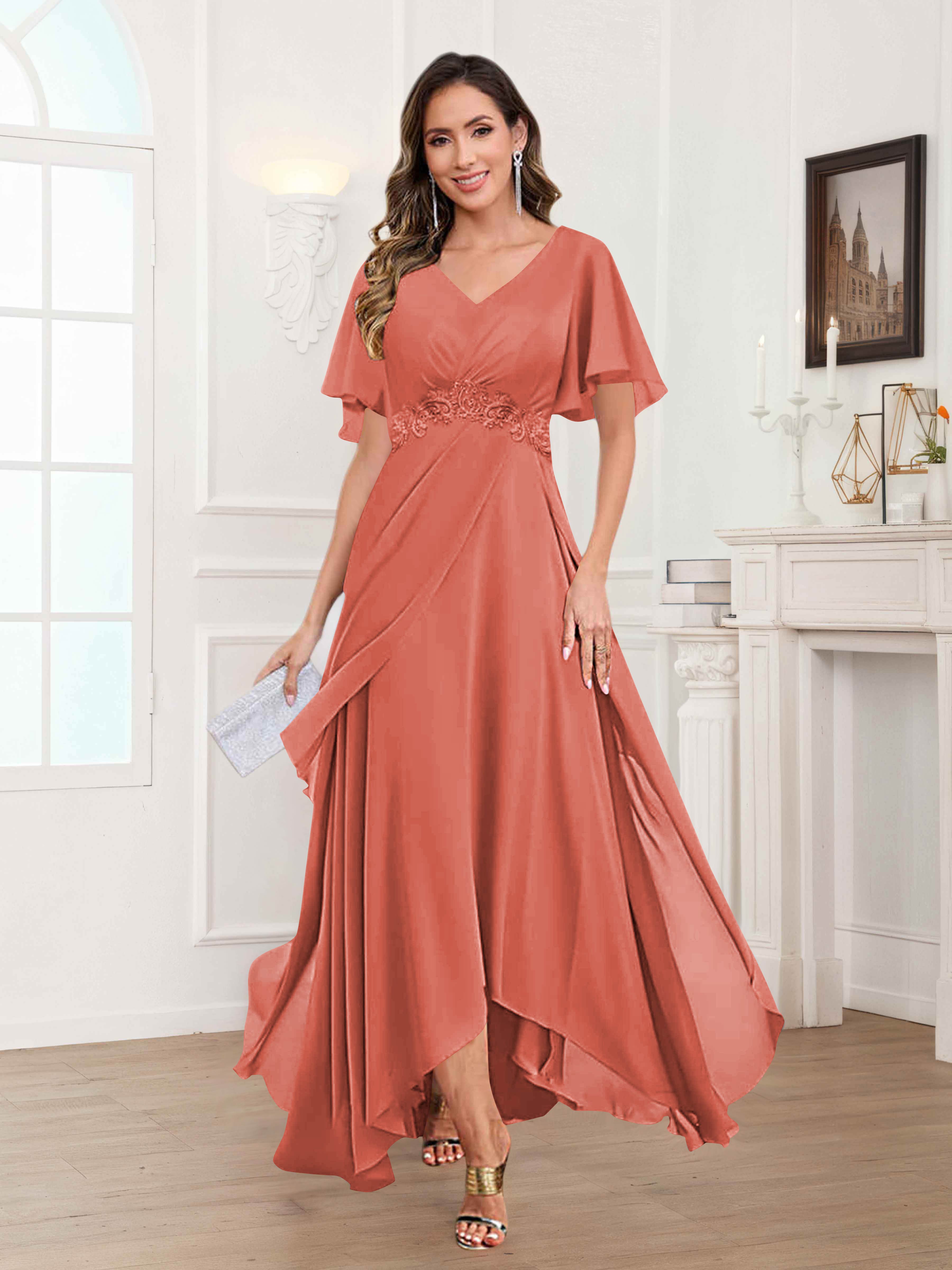Ulyana Modest V Neck Ruched High Low Chiffon Mother Of The Bride Dresses