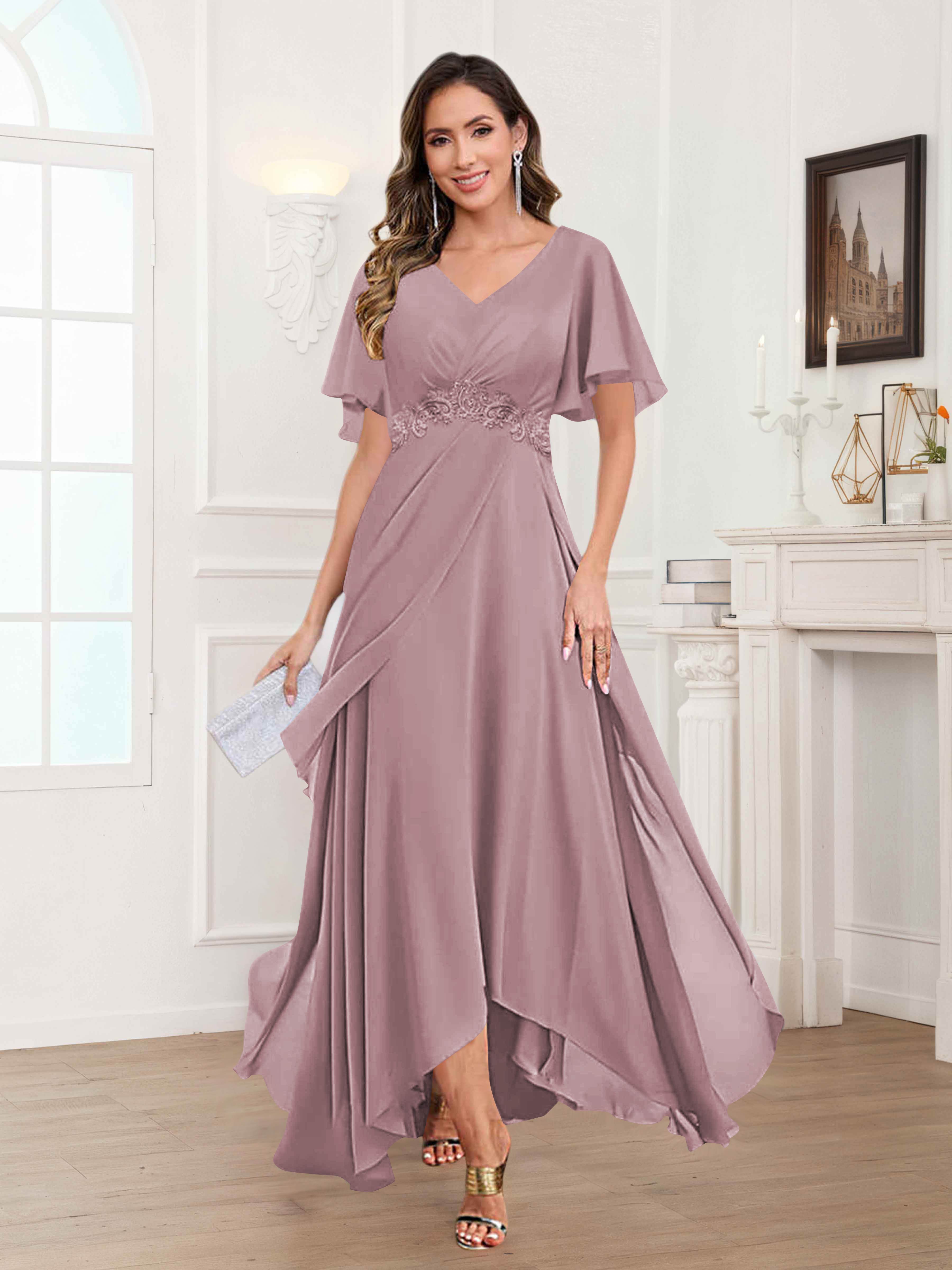 Ulyana Modest V Neck Ruched High Low Chiffon Mother Of The Bride Dresses