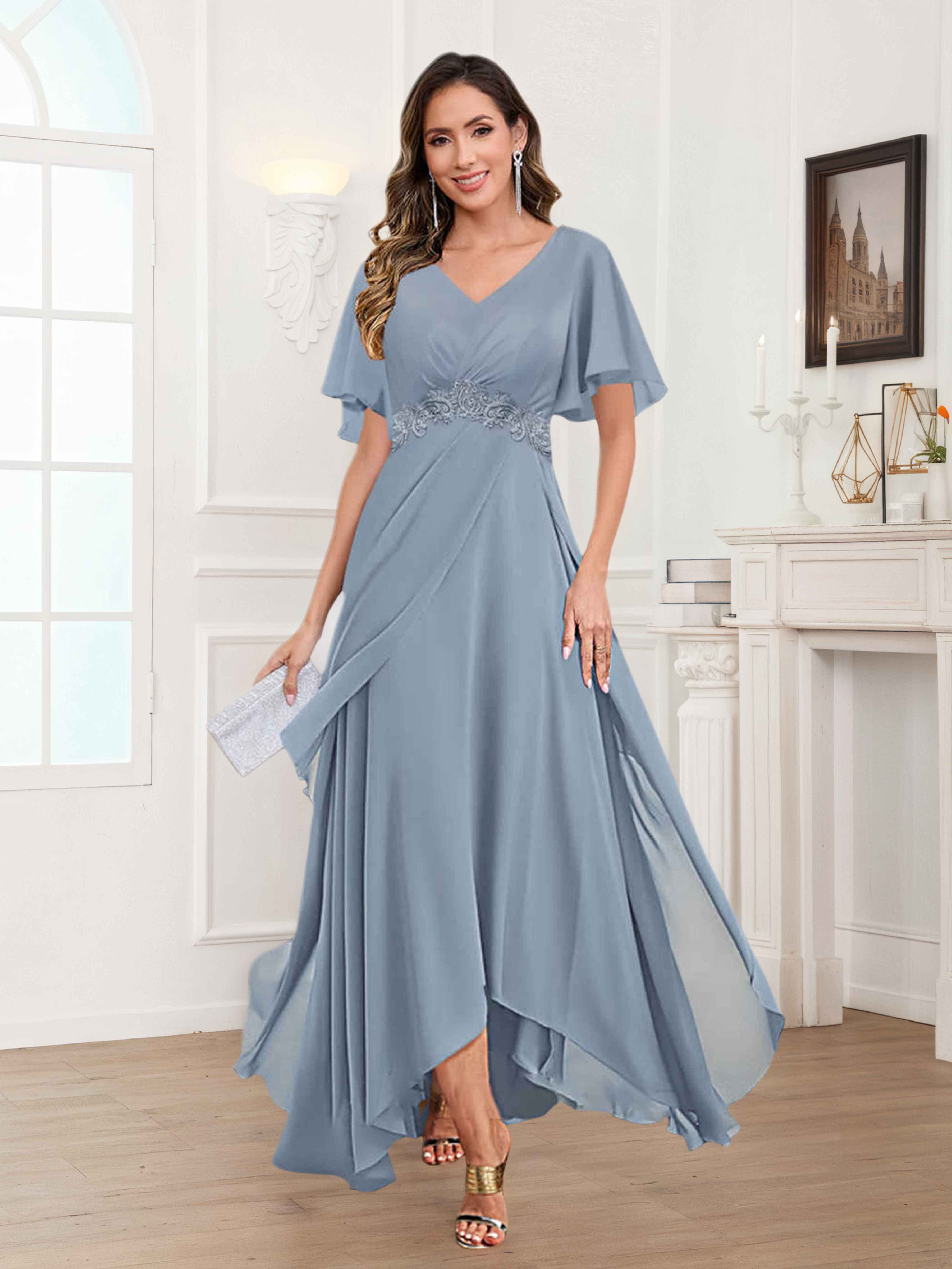 Ulyana Modest V Neck Ruched High Low Chiffon Mother Of The Bride Dresses