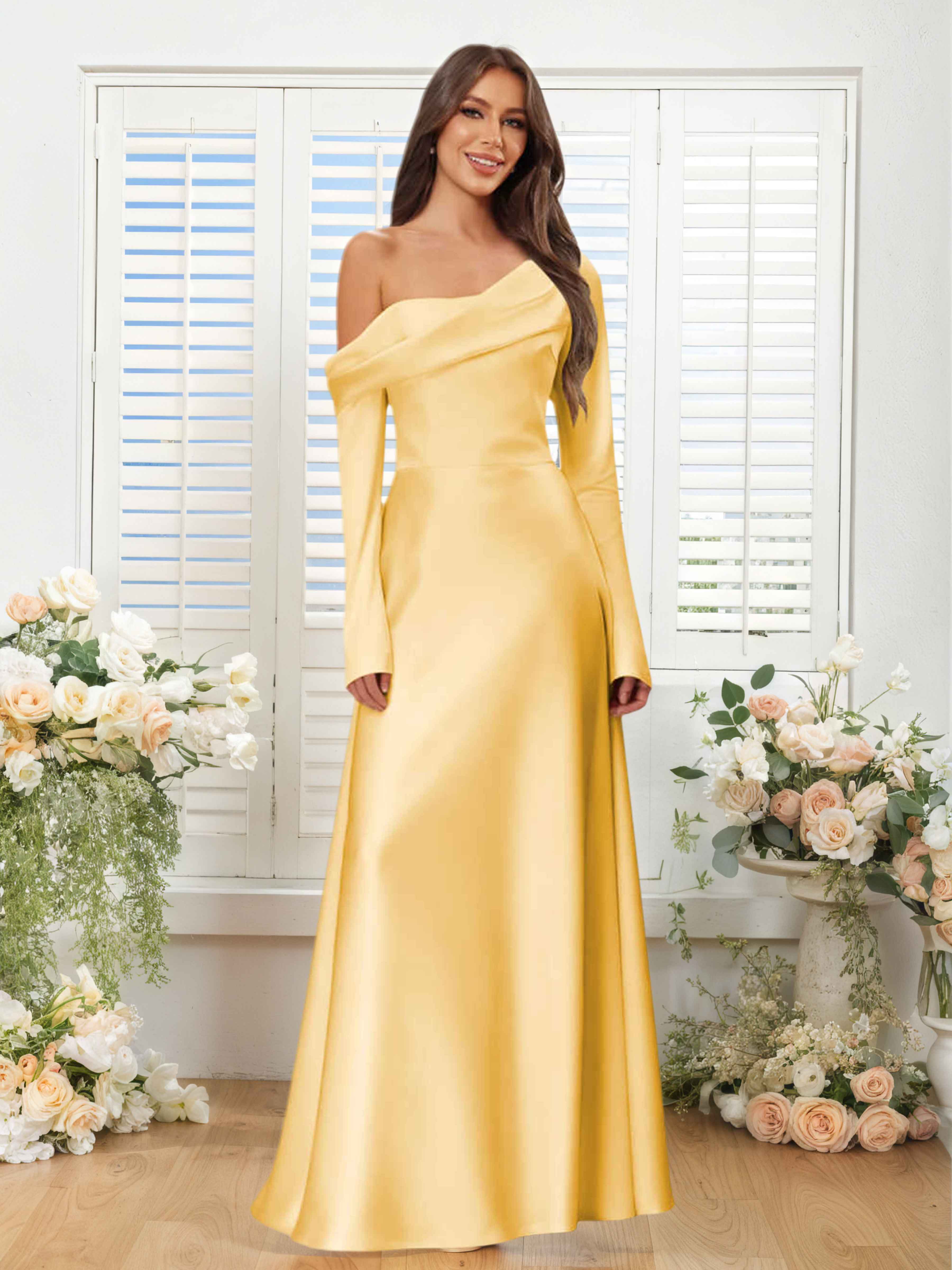 Ulyssia Chic A-Line One Shoulder Long Sleeves Floor Length Satin Formal Dresses