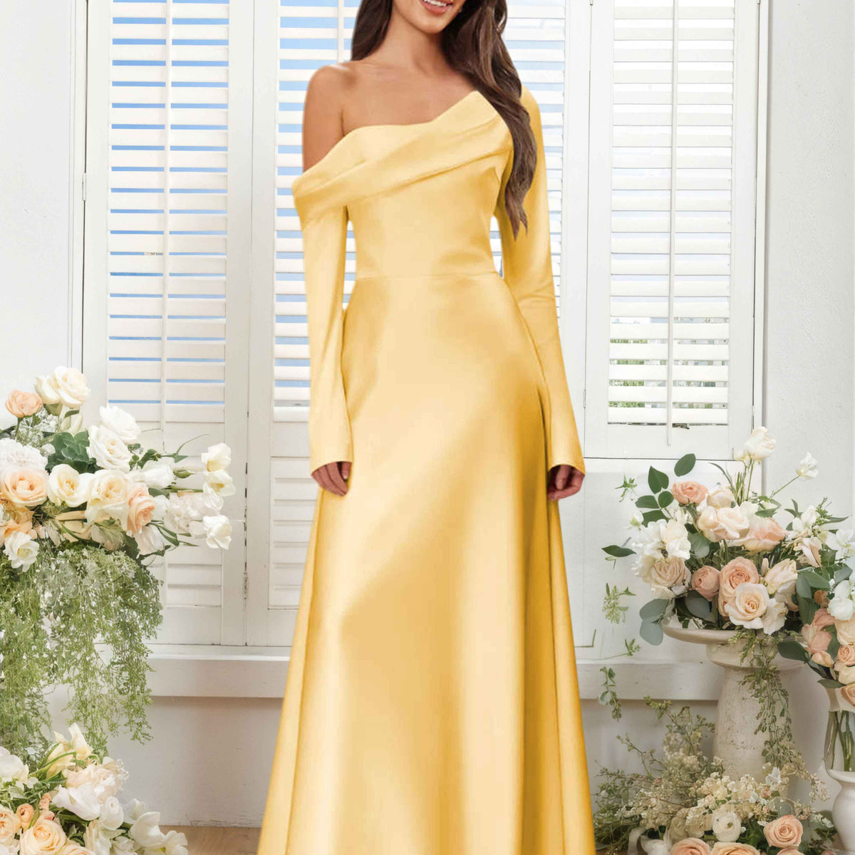 Ulyssia Chic A-Line One Shoulder Long Sleeves Floor Length Satin Formal Dresses, Taupe Ulyssia Chic A-Line One Shoulder Long Sleeves Floor Length Satin Formal Dresses, Taupe