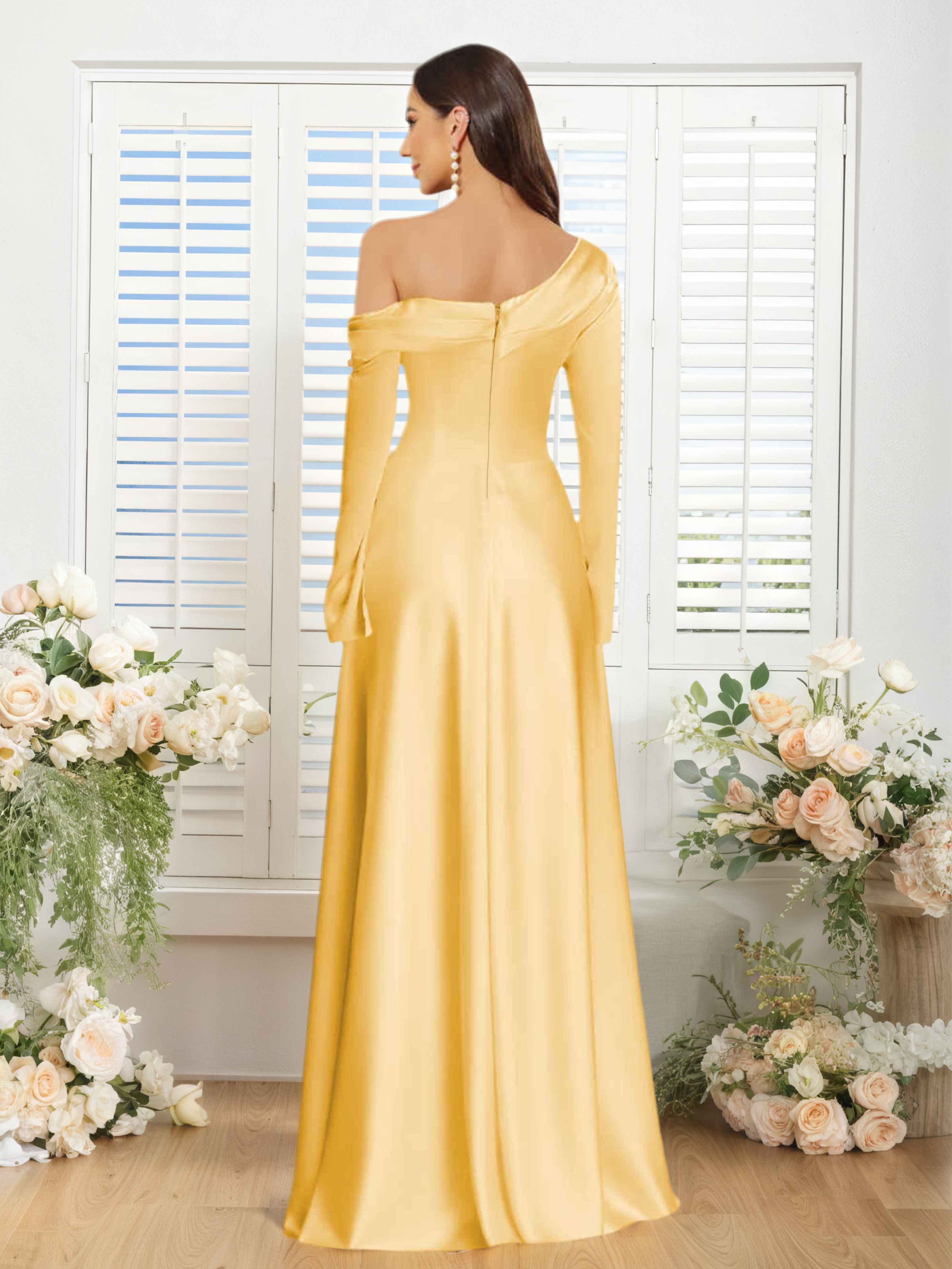 Ulyssia Chic A-Line One Shoulder Long Sleeves Floor Length Satin Formal Dresses