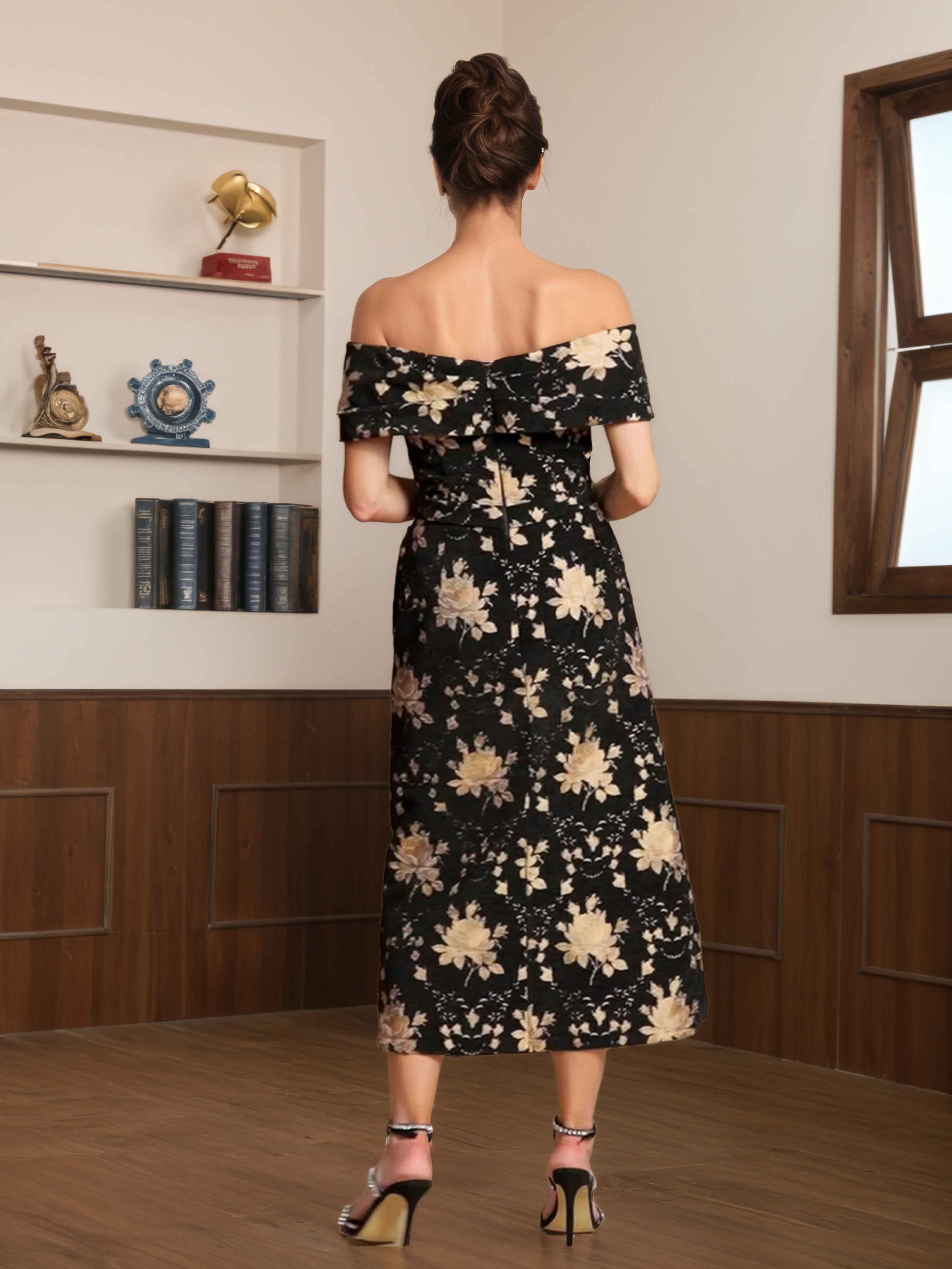 Undine Exquisite Off the Shoulder Tea Length Jacquard Floral Mother of the Bride Dresses