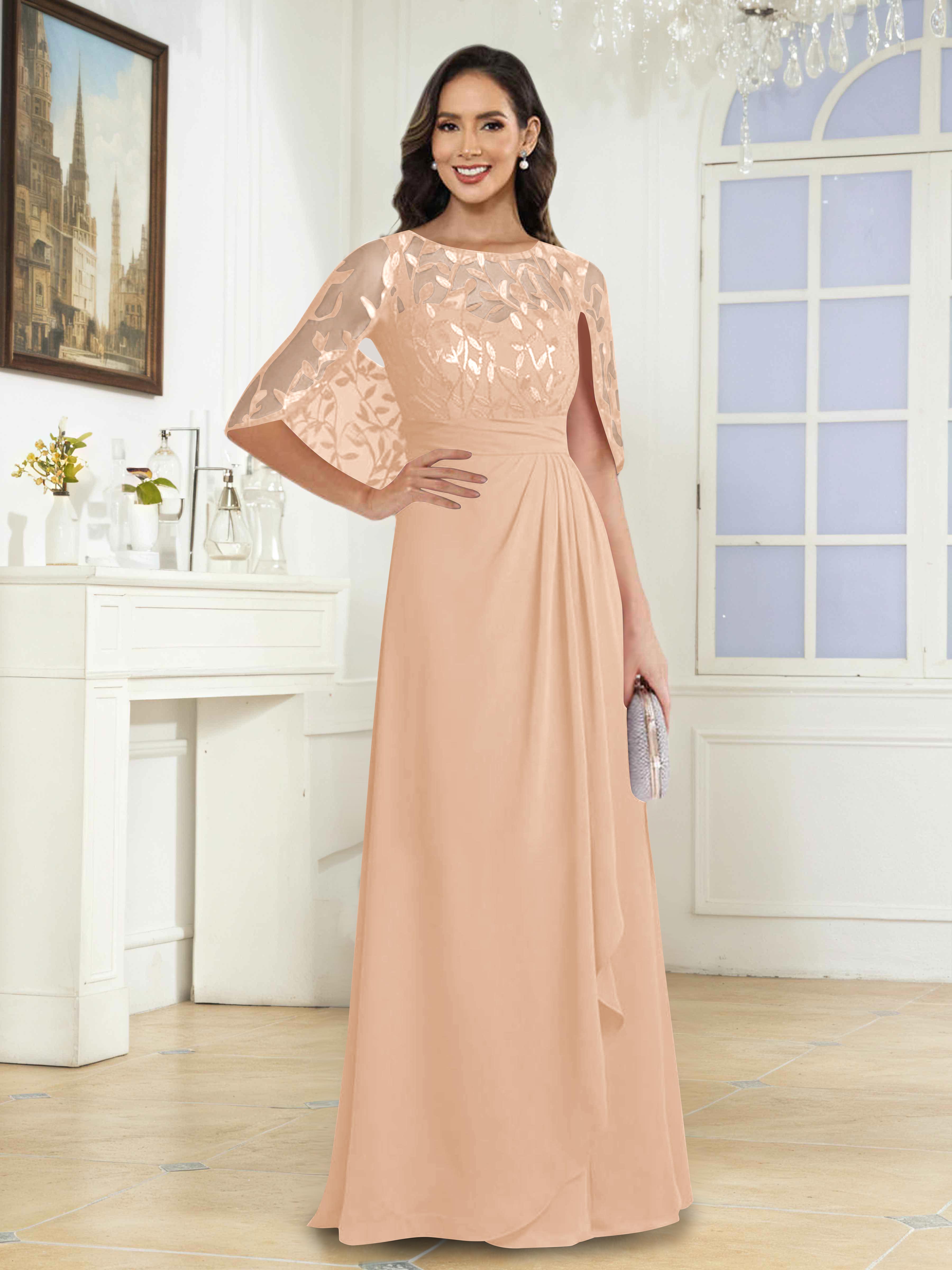 Vallen Elegant Illusion Sequins Long Mother of the Bride Dresses With Cape