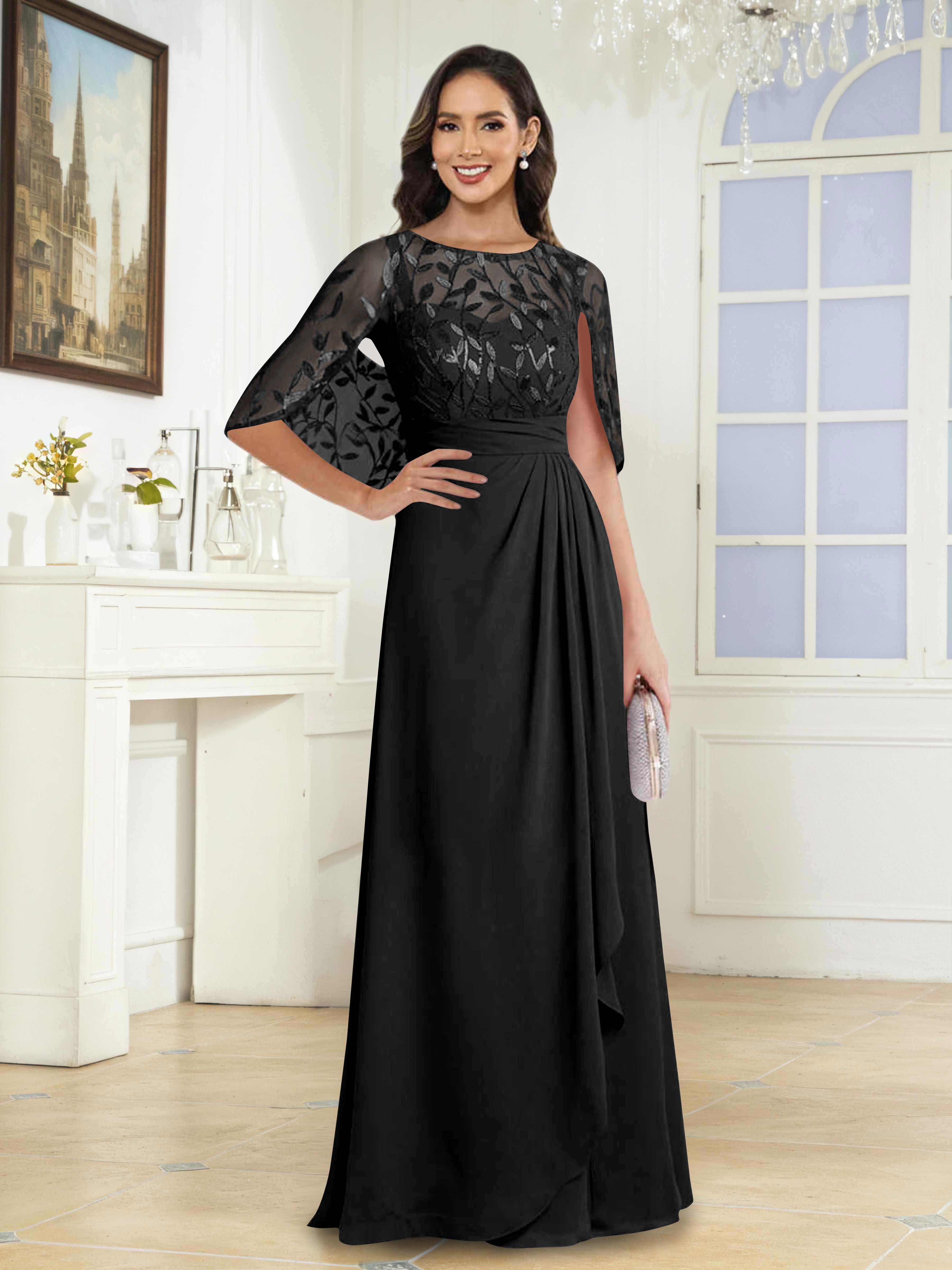 Vallen Elegant Illusion Sequins Long Mother of the Bride Dresses With Cape
