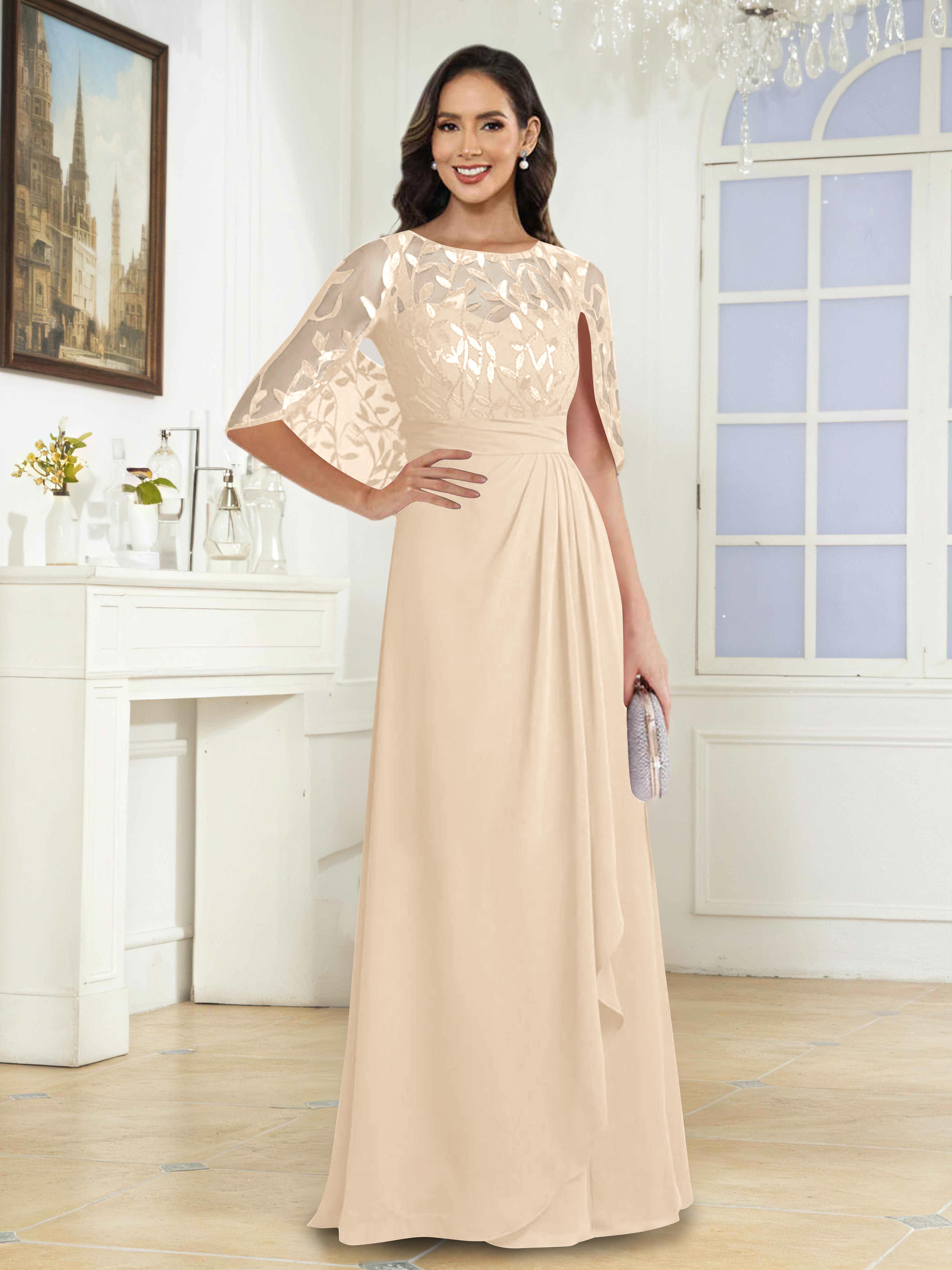 Vallen Elegant Illusion Sequins Long Mother of the Bride Dresses With Cape