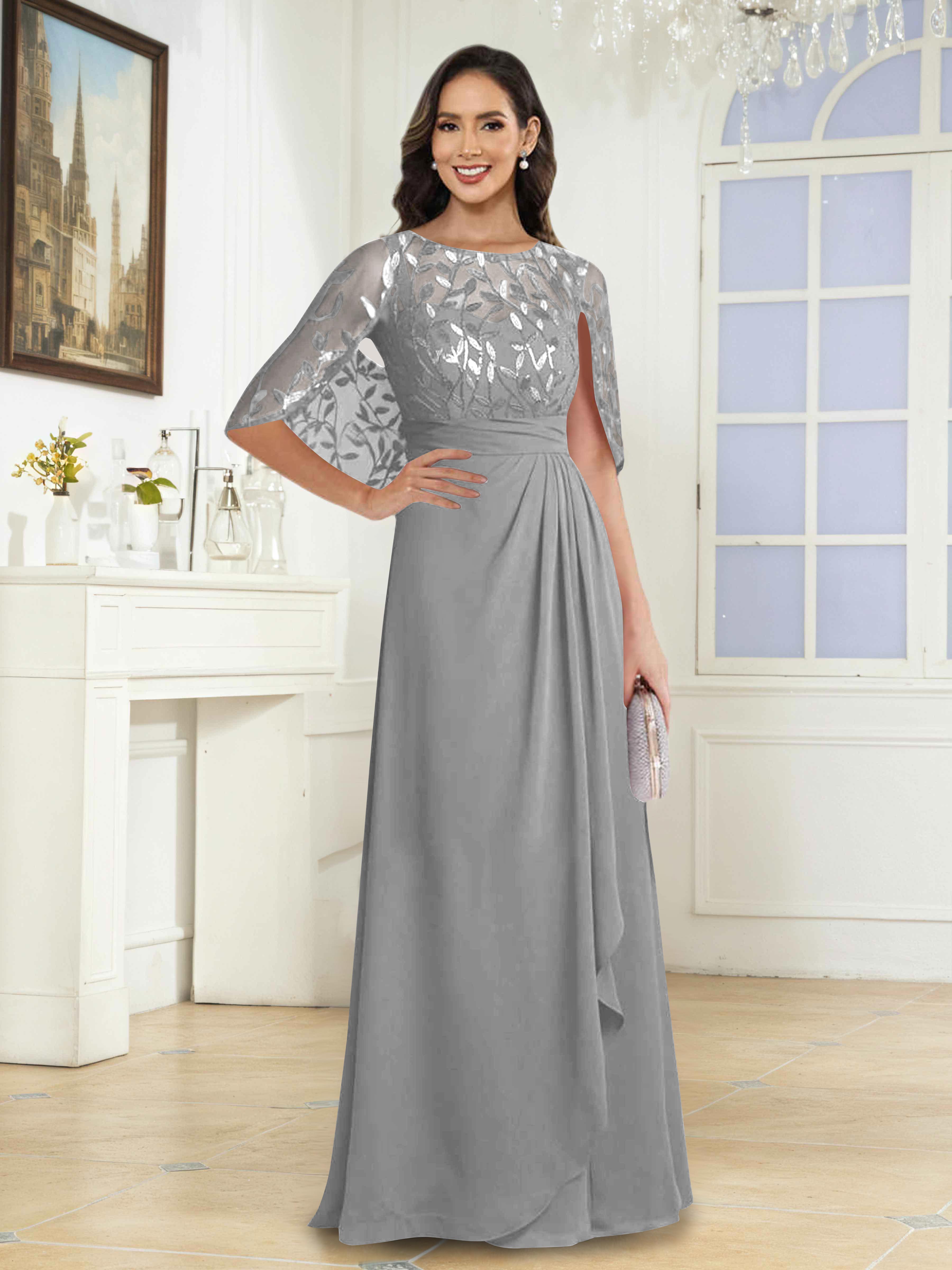 Vallen Elegant Illusion Sequins Long Mother of the Bride Dresses With Cape