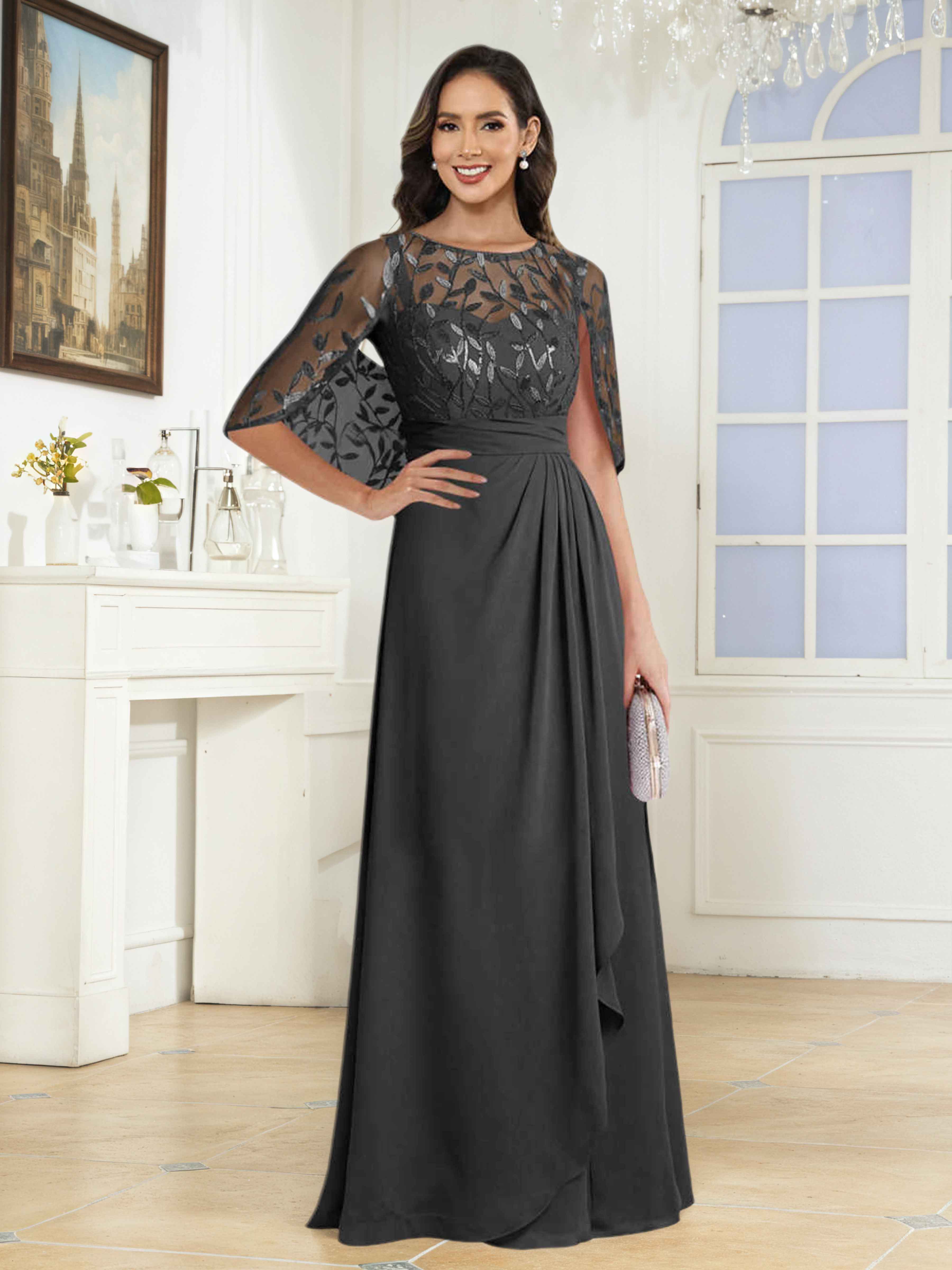 Vallen Elegant Illusion Sequins Long Mother of the Bride Dresses With Cape