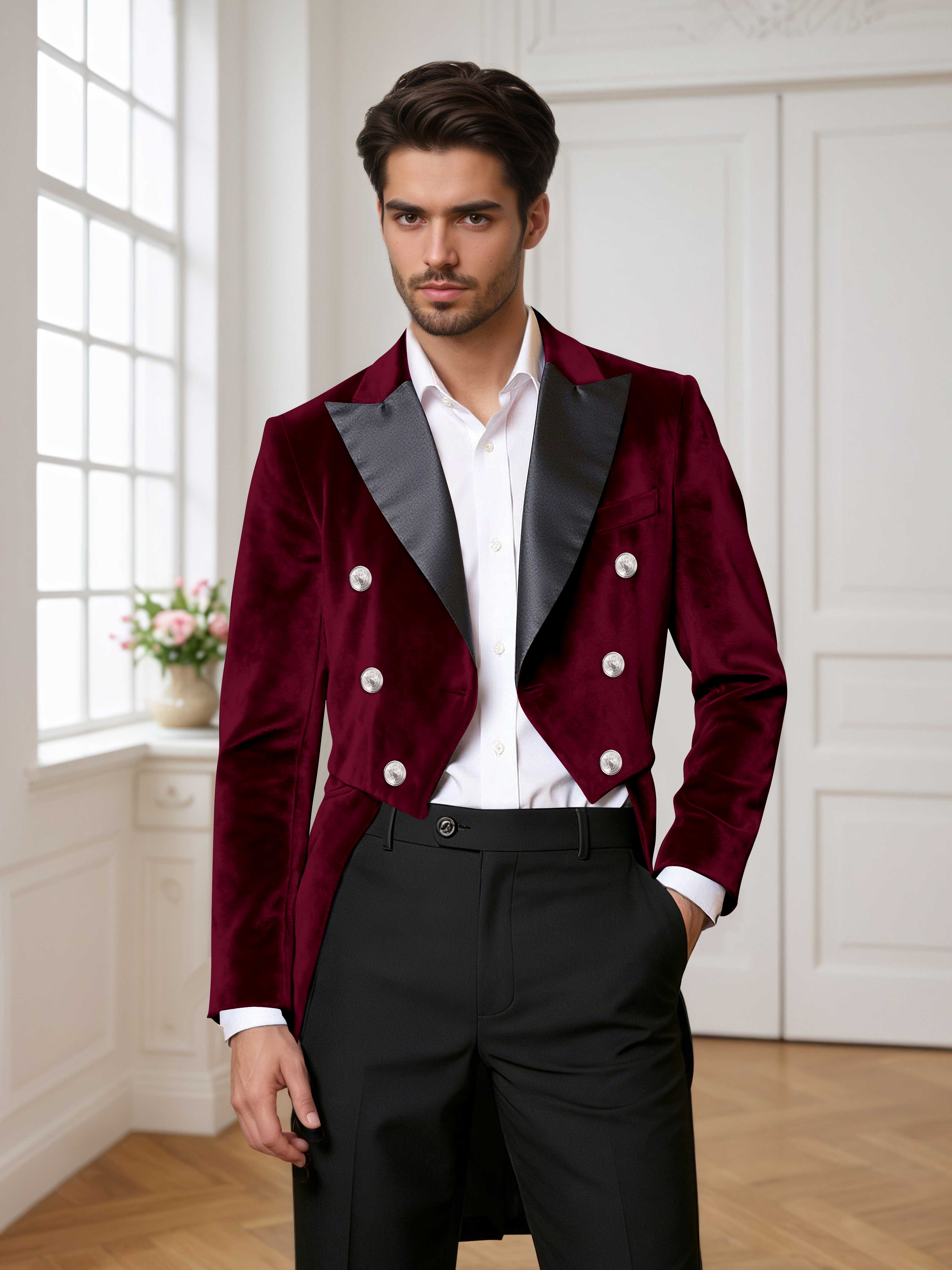 Velvet Tailcoat Double Breasted Peak Lapel Men's 2 Pieces Suit for Formal Wedding