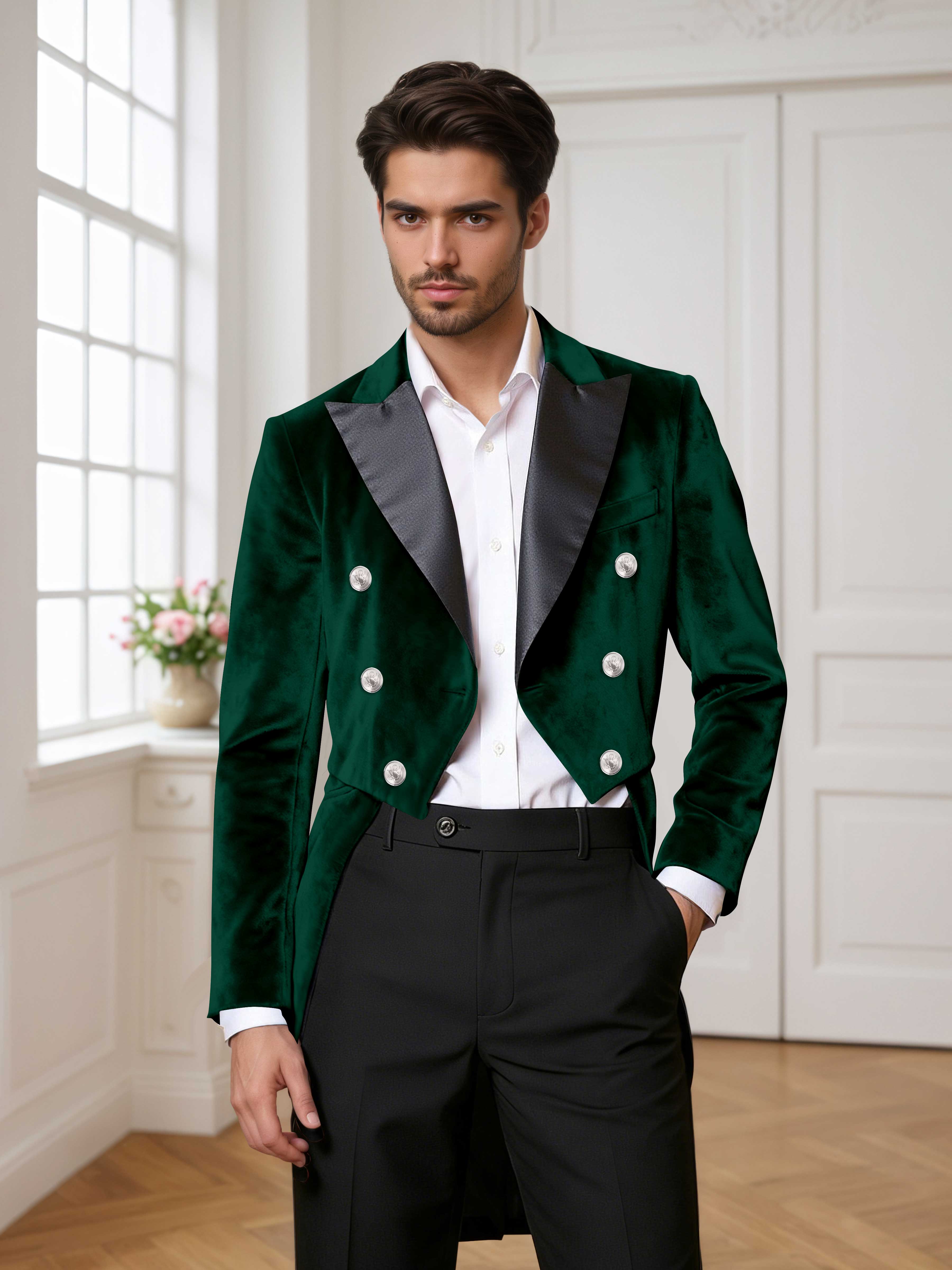 Velvet Tailcoat Double Breasted Peak Lapel Men's 2 Pieces Suit for Formal Wedding