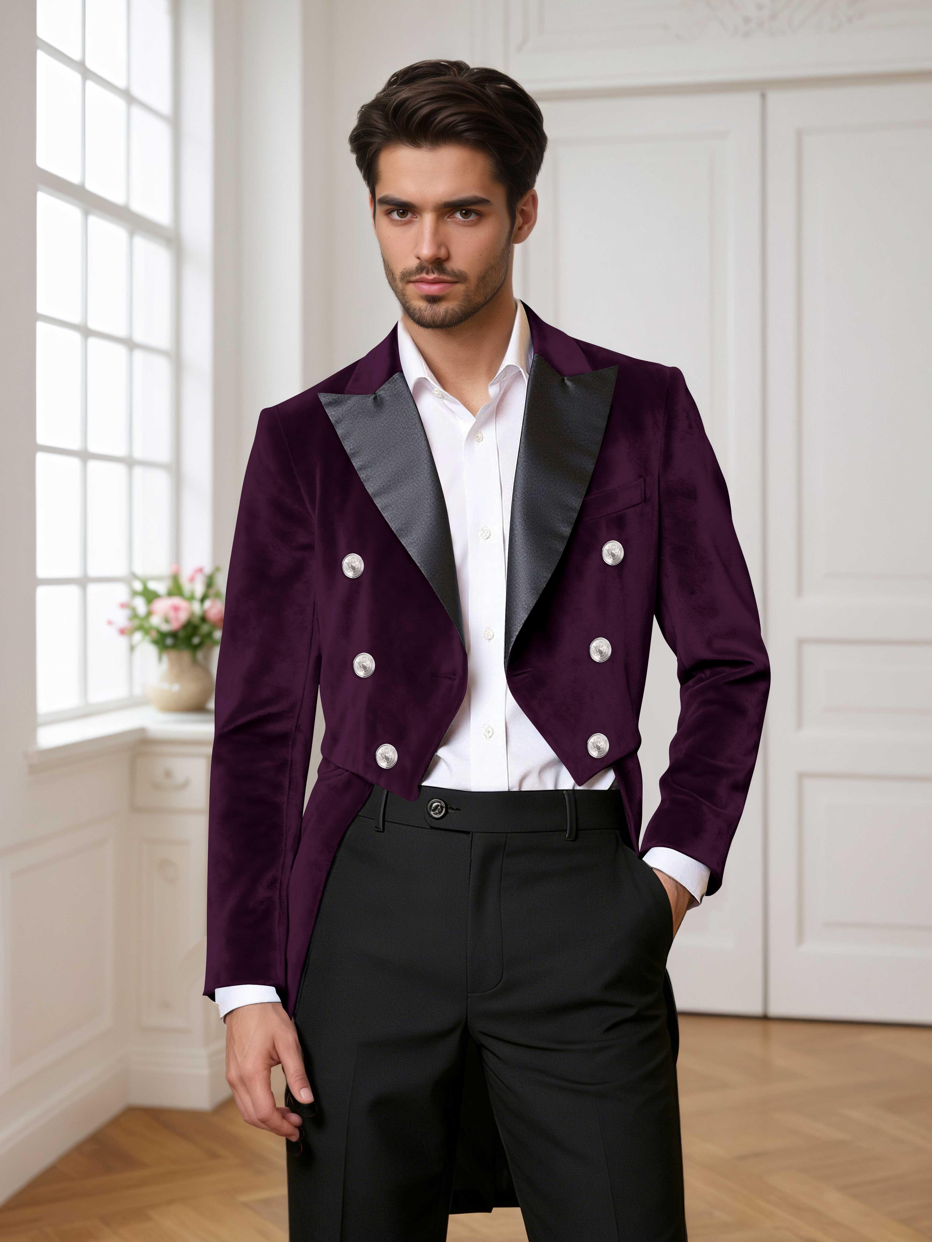 Velvet Tailcoat Double Breasted Peak Lapel Men's 2 Pieces Suit for Formal Wedding