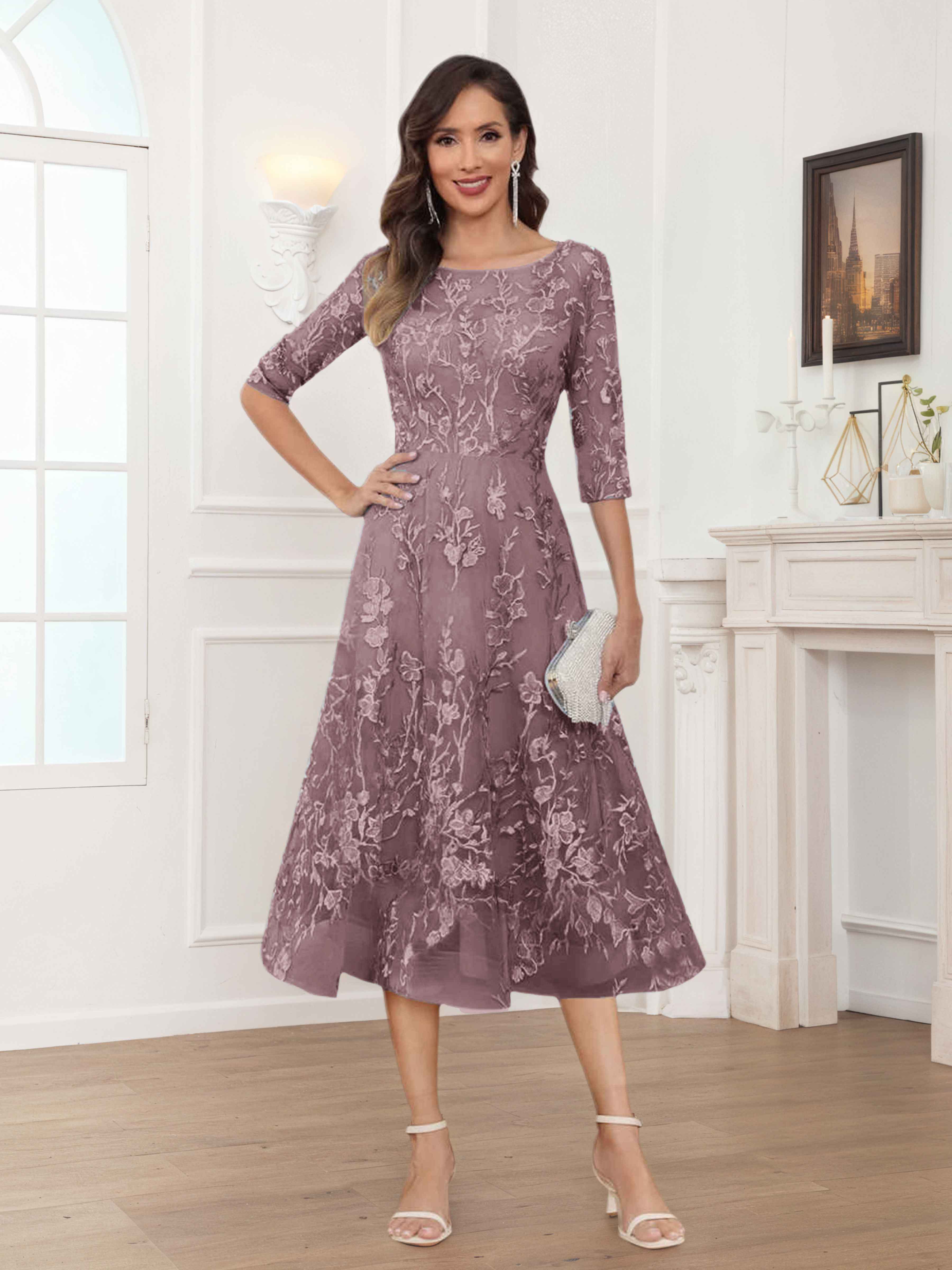 Pax Exquisite A-Line Illusion Lace Tea Length Mother of The Bride Dres