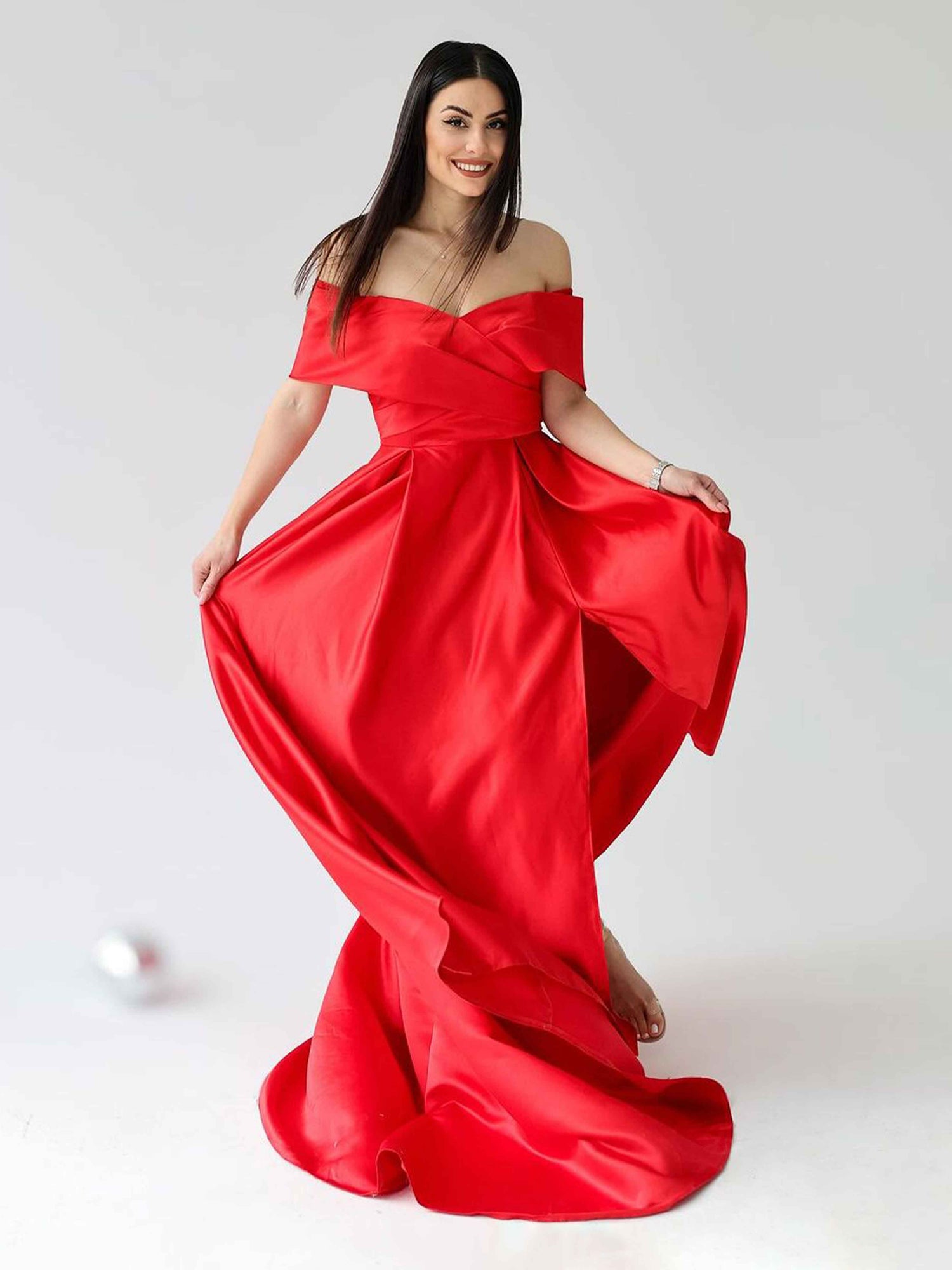 Off Shoulder Sweep Train Dress With Slit Mist main image 0