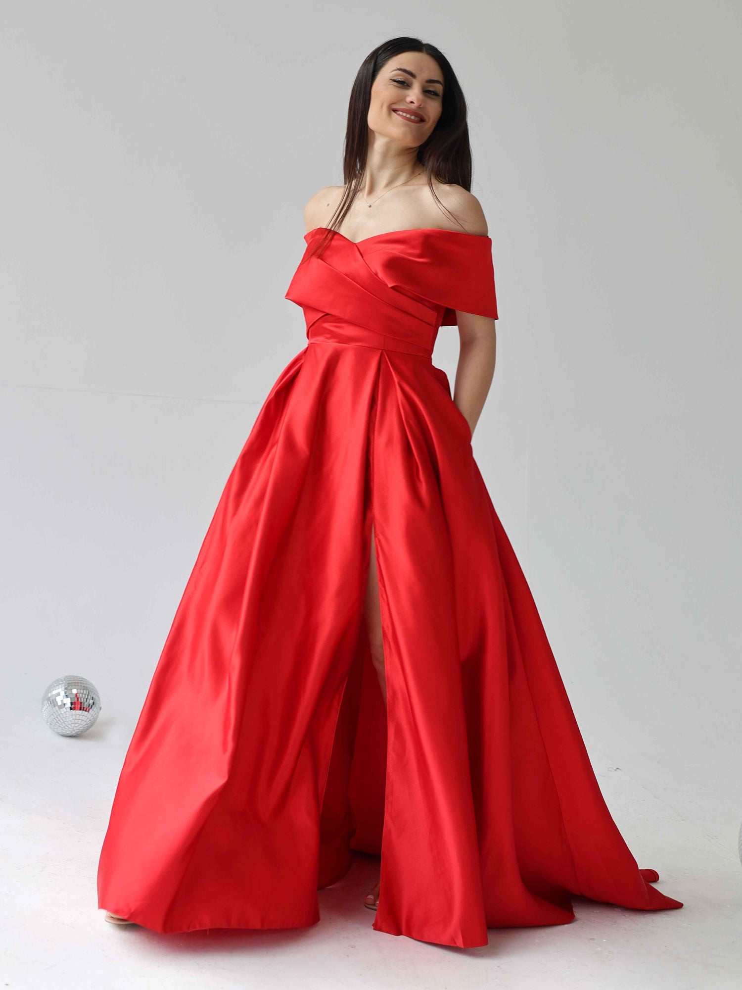 A-line Pleated Off-the-shoulder Sweep Train Slit Gown Red main image 0