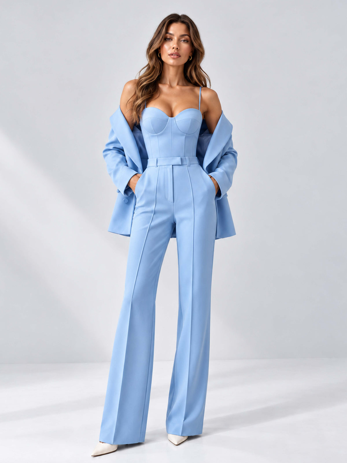 Women's 3-Piece Wedding Pant Suit with Blazer, Corset Top & Flared Pants