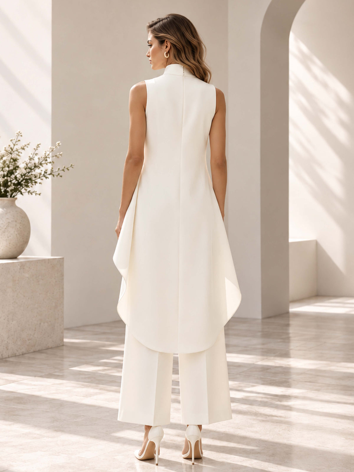 Women's Asymmetrical High-Neck 2-Piece Wide-Leg Pant Suit
