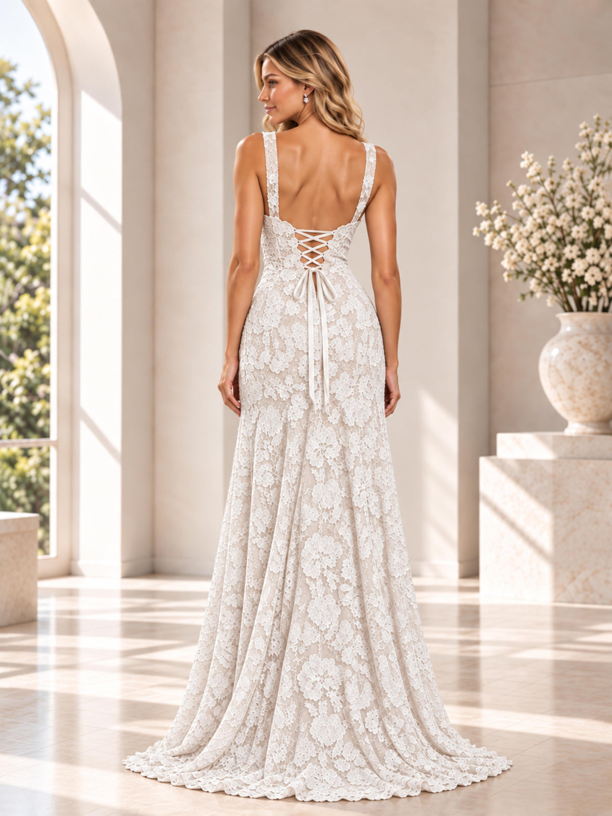 Evadella Spaghetti Straps Beaded Sequin Lace Mermaid Formal Dress with Slit and Lace-Up Back
