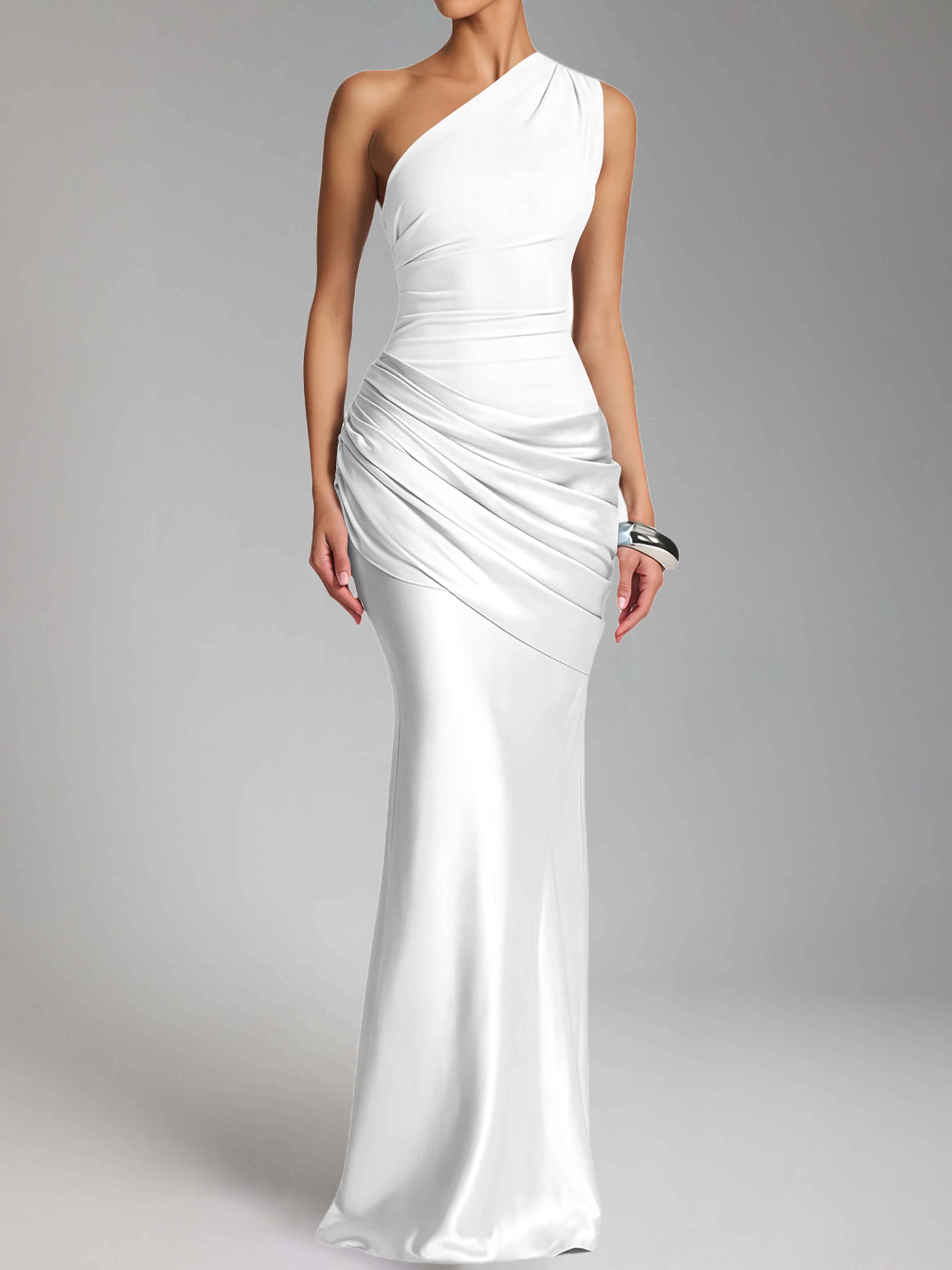 Jaelithra Gorgeous One Shoulder Pleated Satin Long Prom Dresses